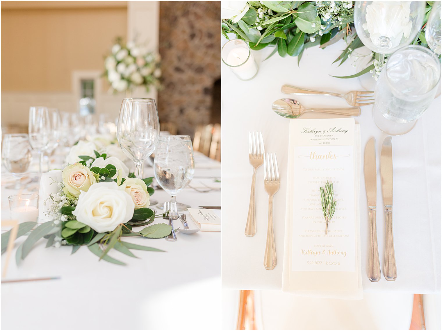 ivory flower centerpieces at Ryland Inn