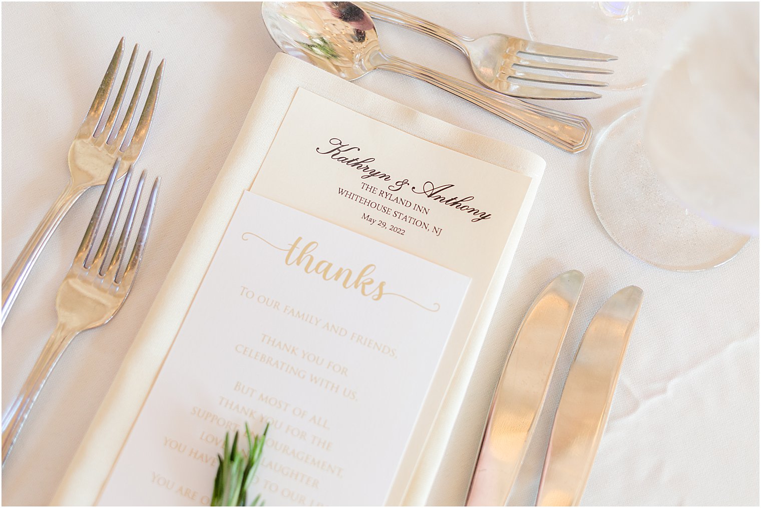 place setting for spring wedding reception at Ryland Inn