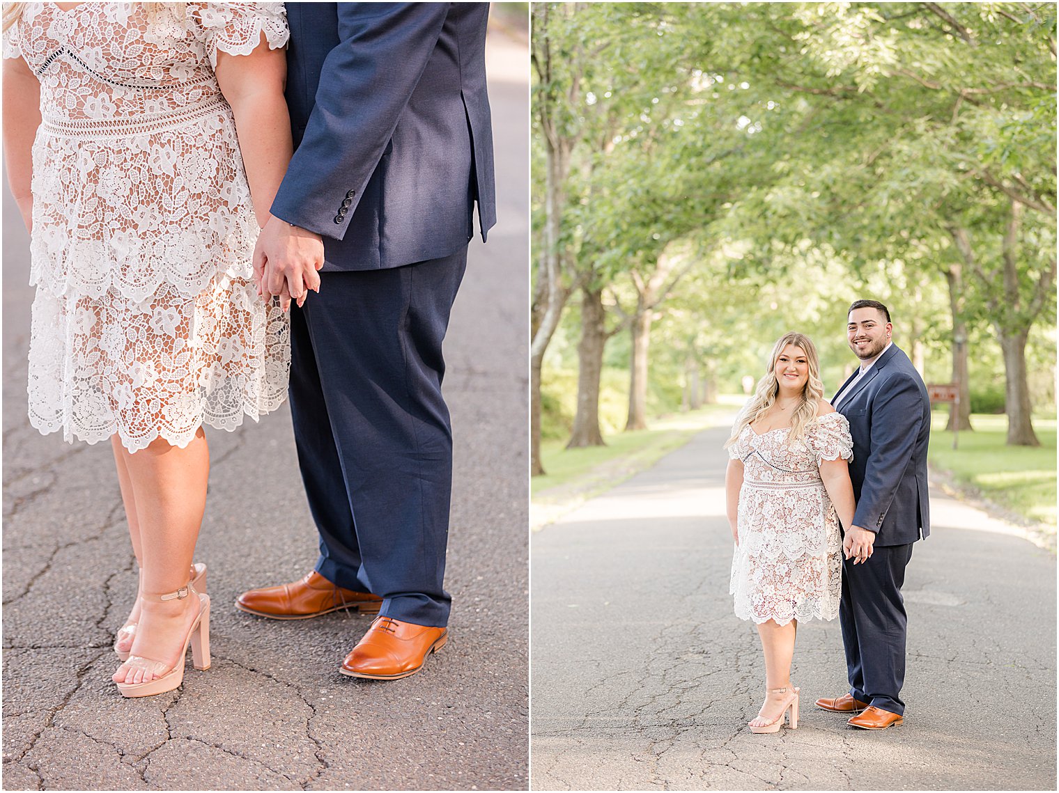 engaged couple holds hands in walkway at Skylands Manor