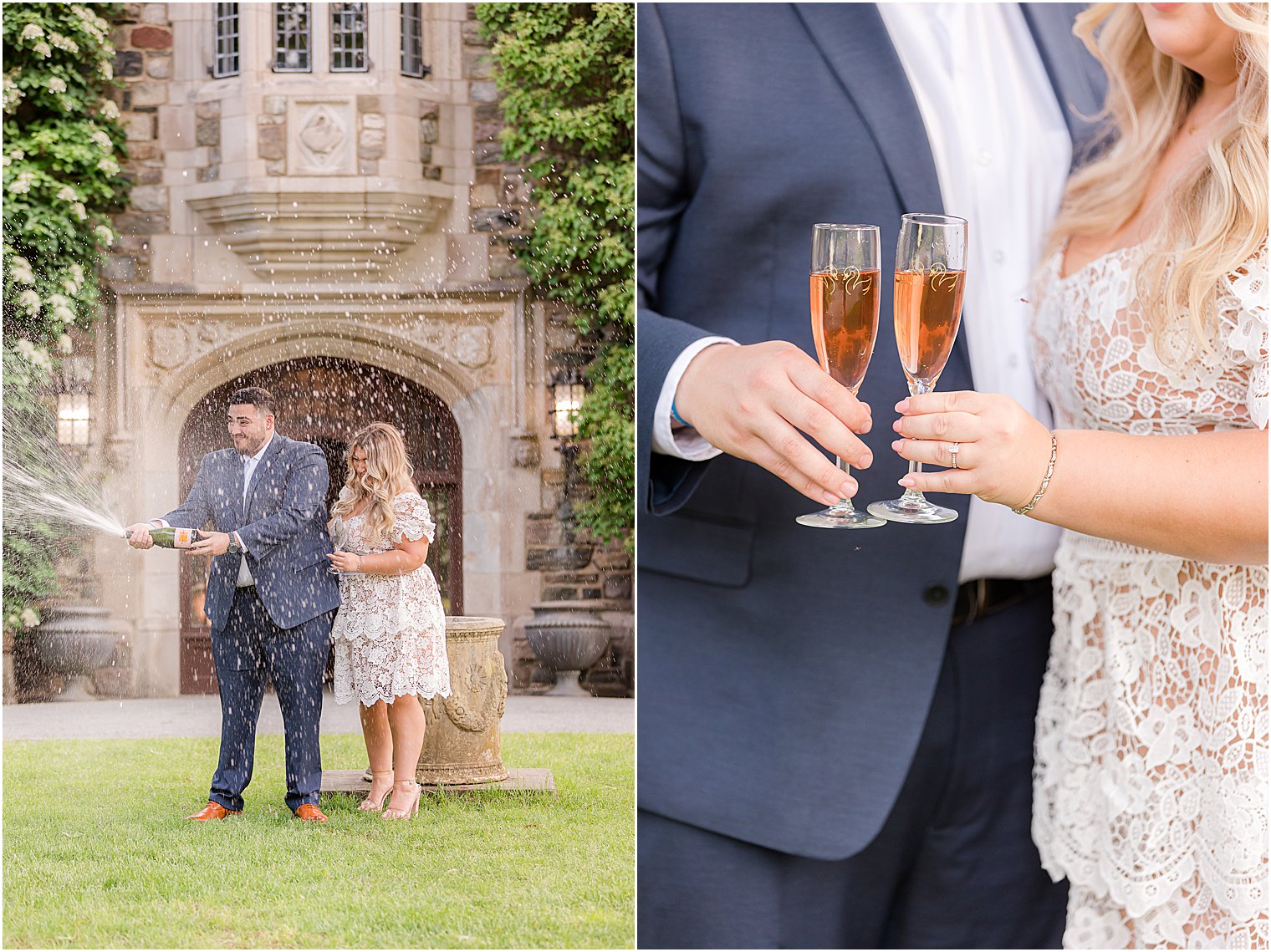 couple toasts champagne during summertime Skylands Manor engagement session