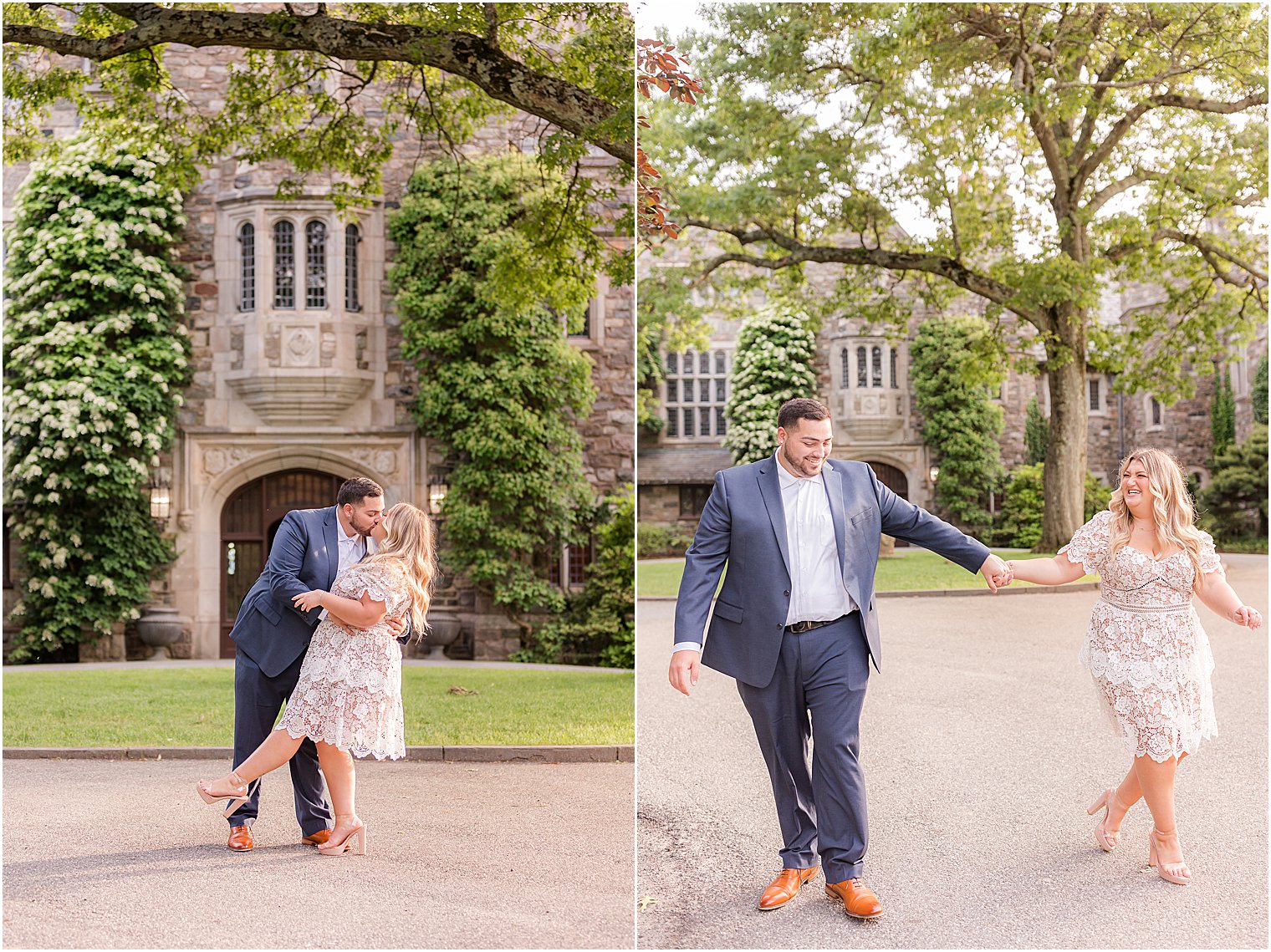 groom dips bride kissing her outside Skylands Manor