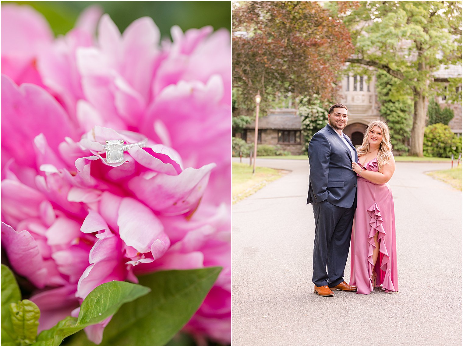 engagement ring sits on pink dahlia at Skylands Manor