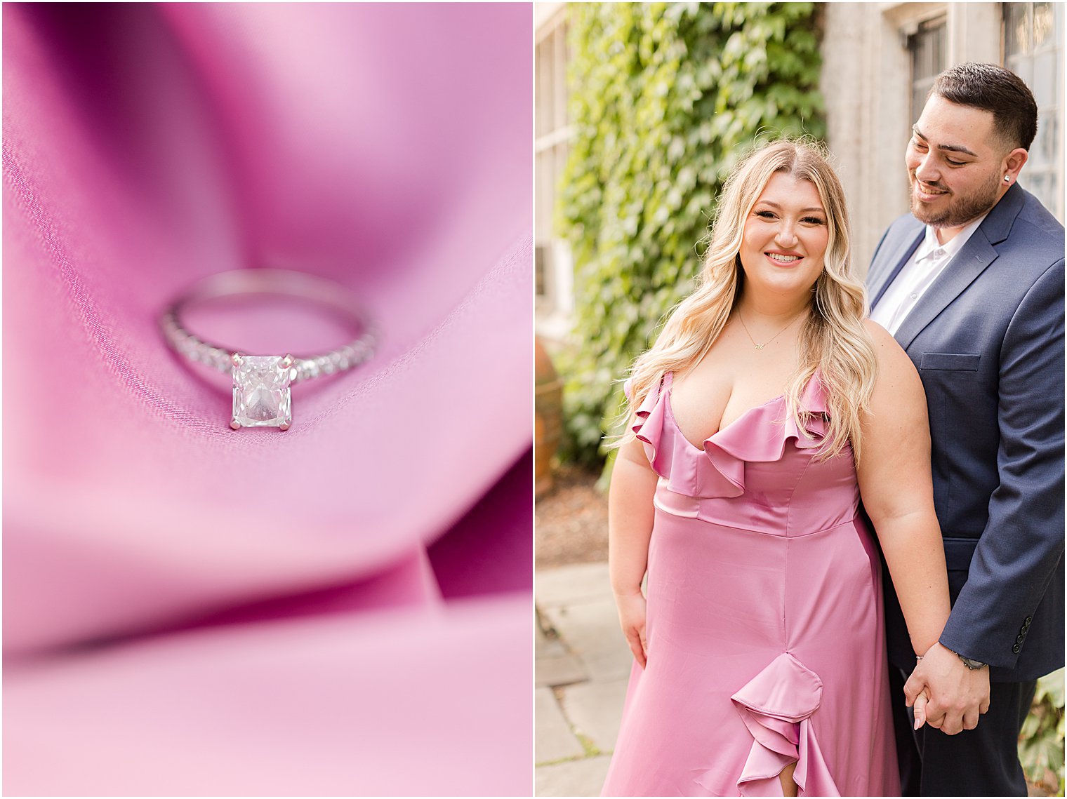 diamond ring lays on pink fabric in New Jersey