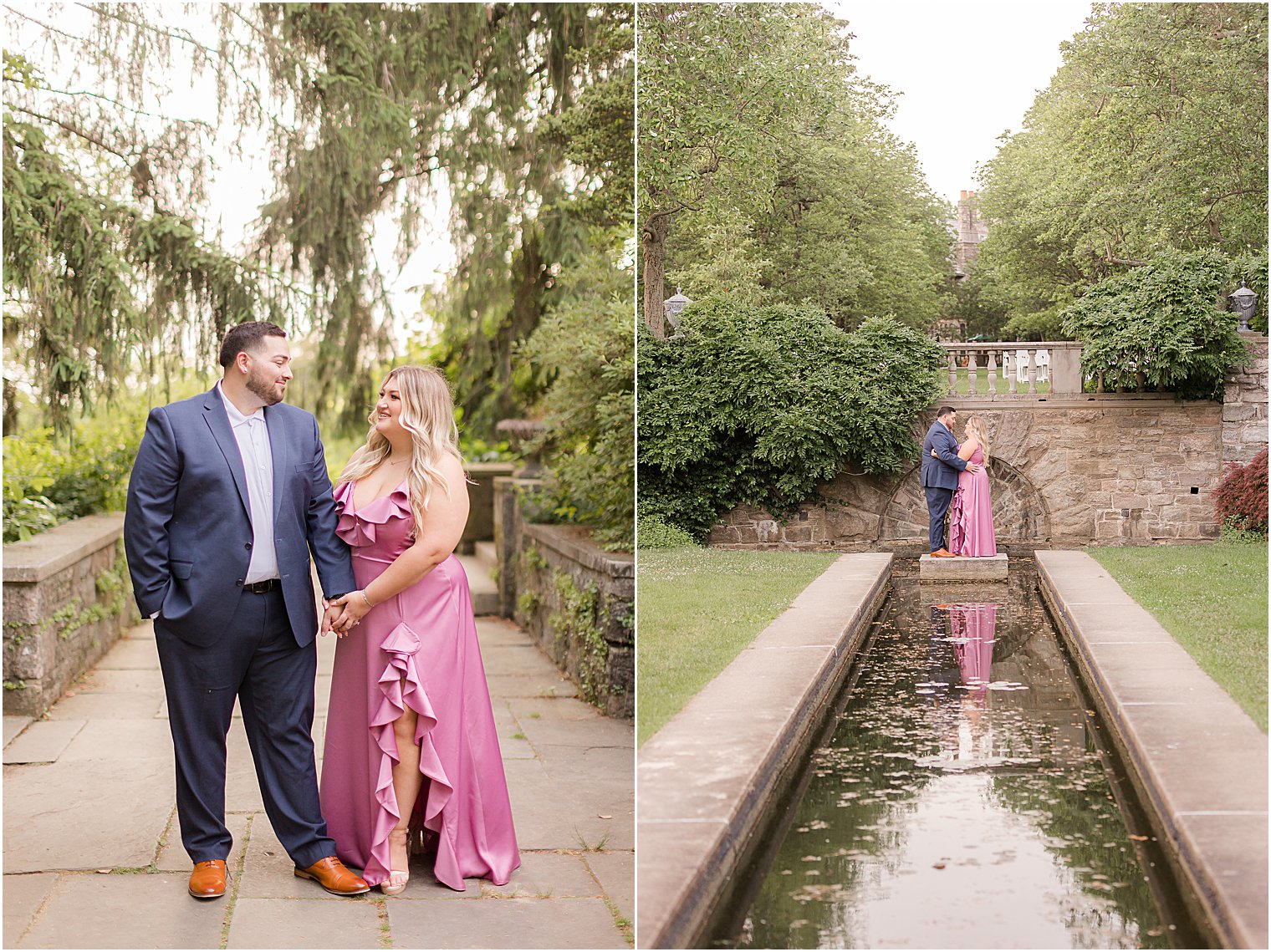 bride and groom stand by pond during summertime Skylands Manor engagement session
