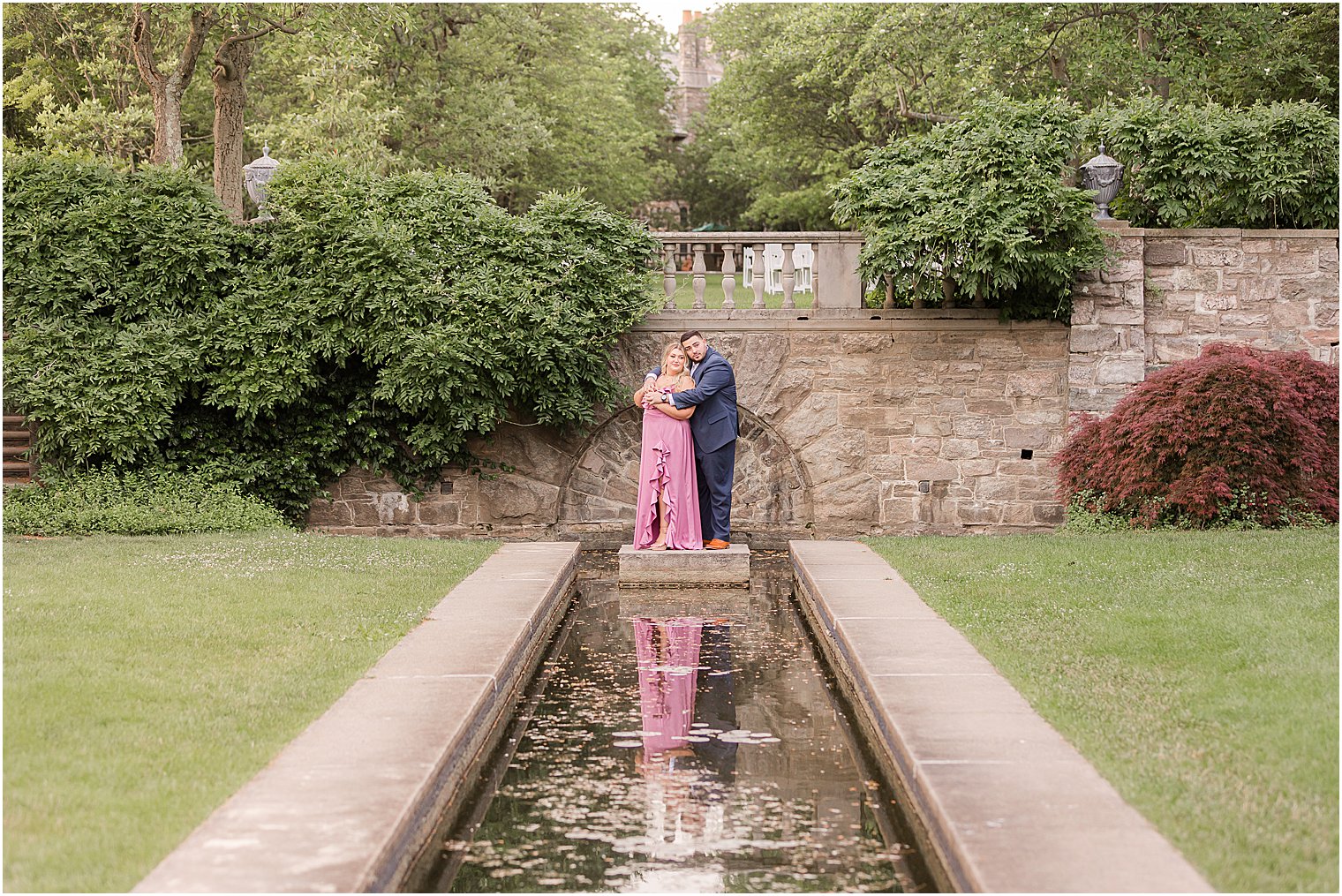 summertime Skylands Manor engagement session near pond for NJ couple 