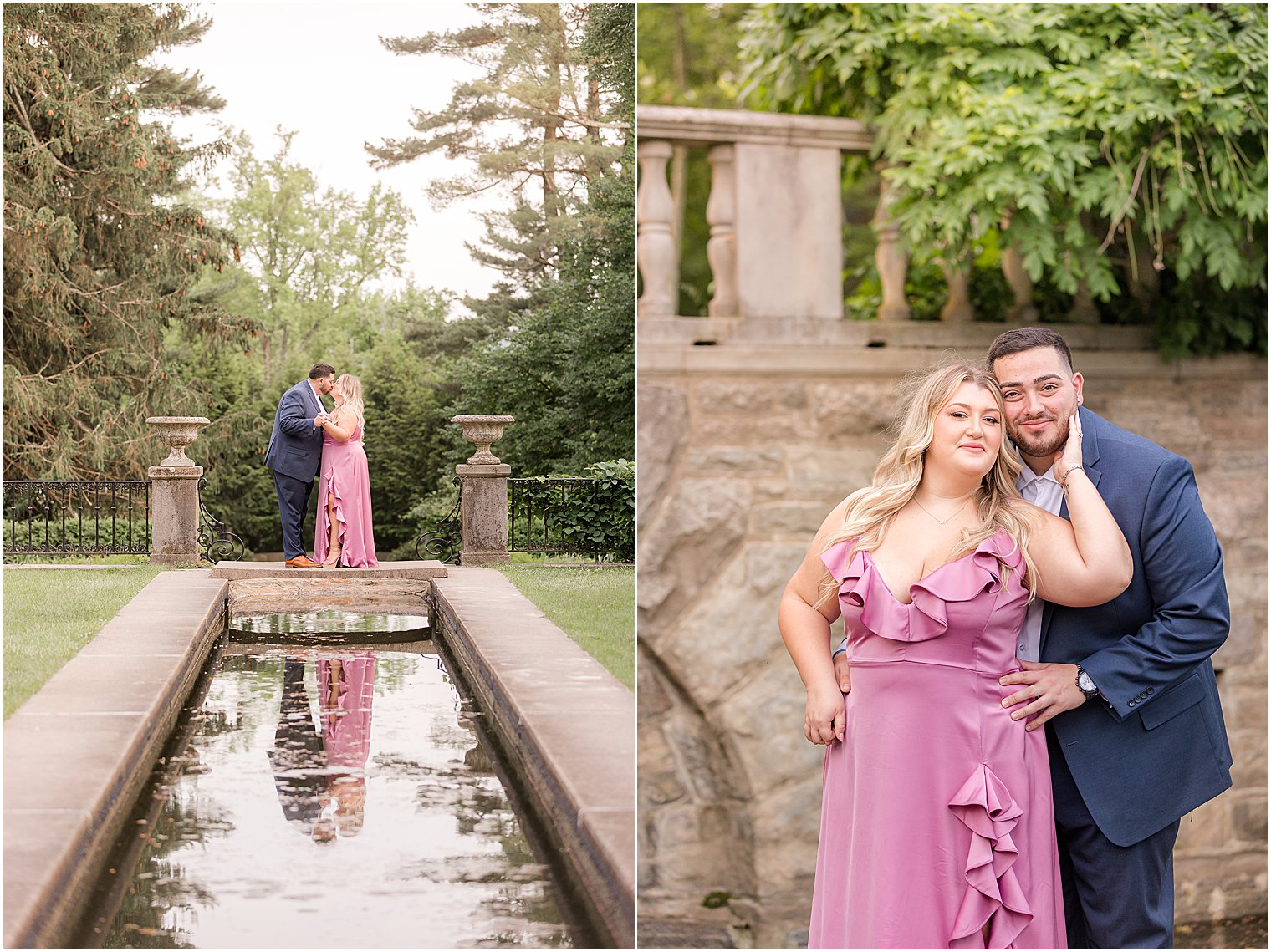 woman in pink dress hugs fiancee during summertime Skylands Manor engagement session