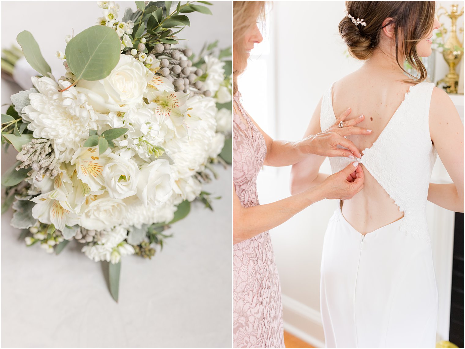 mother helps bride into wedding dress before NJ wedding day