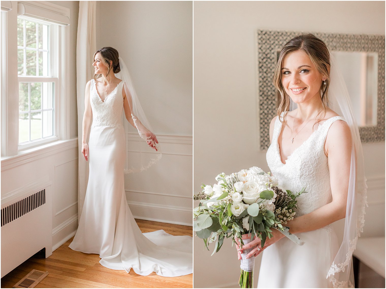 bride poses by window in New Jersey home