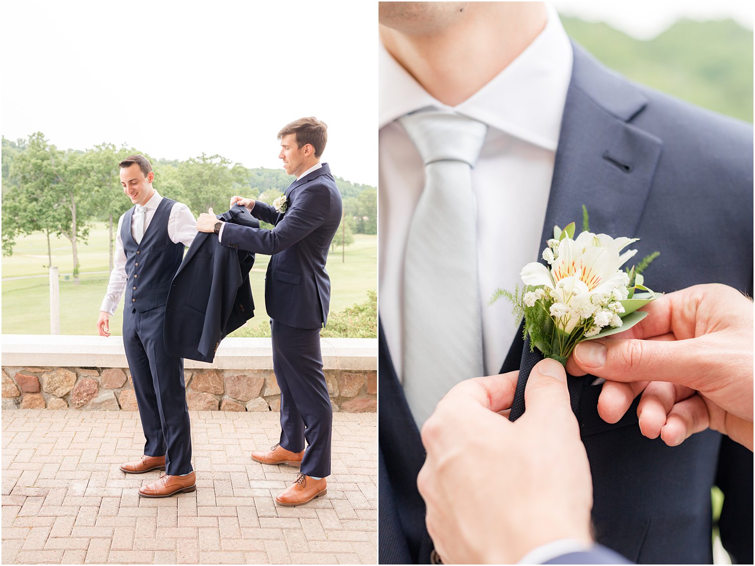 groomsman adjusts boutonniere for groom