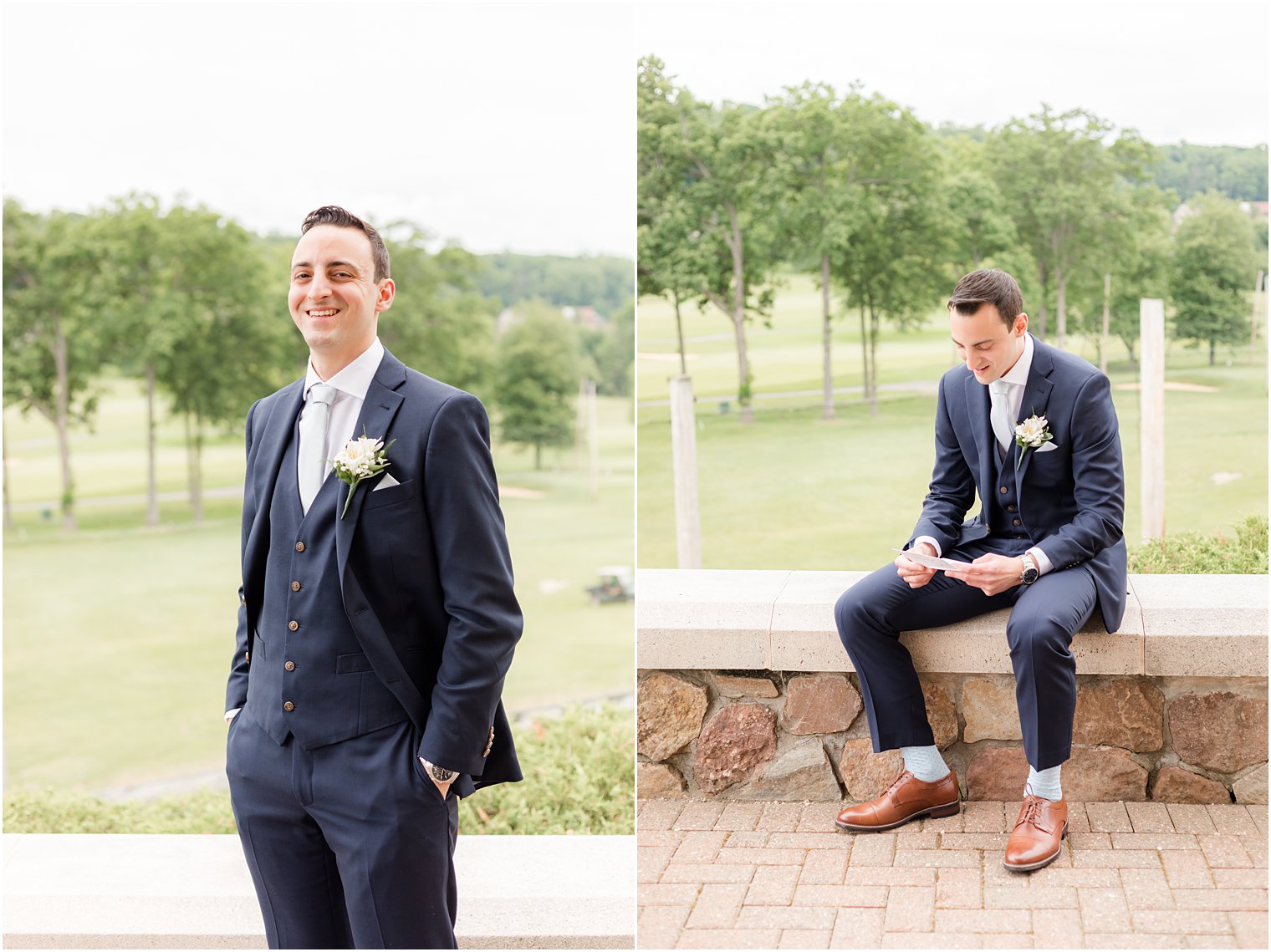 groom sits reading letter outside Spring Brook Country Club