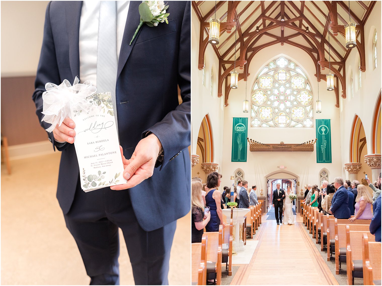 groom holds program for wedding ceremony at St. Vincent Martyr Church