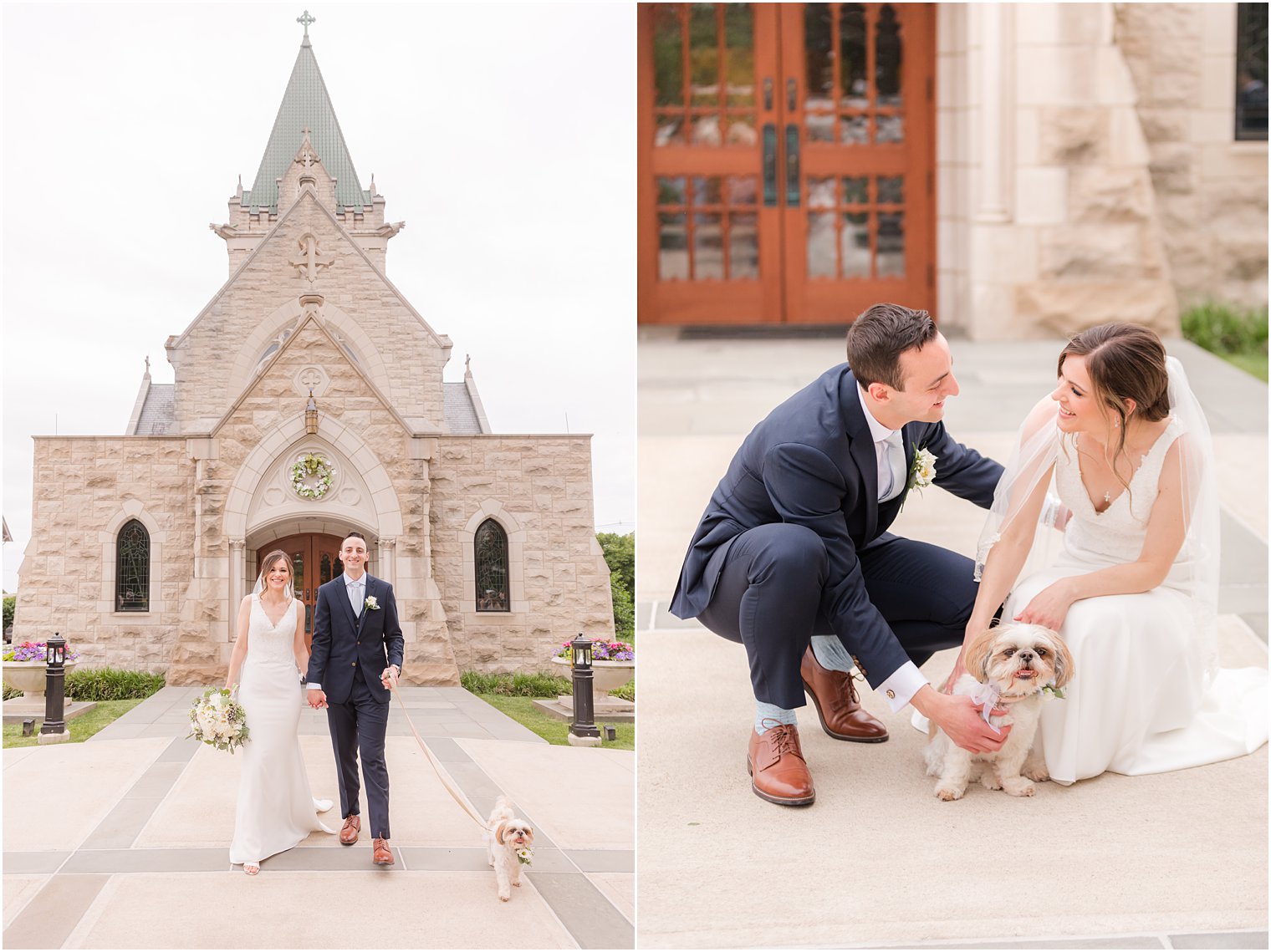 couple kneels with dog outside St. Vincent Martyr Church