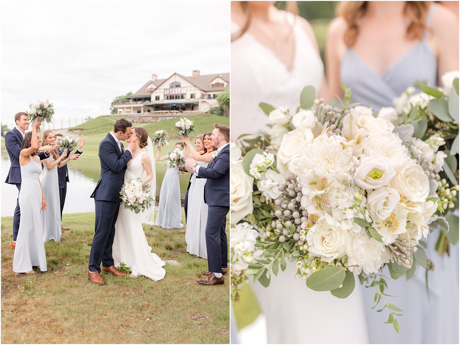bride and groom kiss while bridal party cheers them on by lake at Spring Brook Country Club