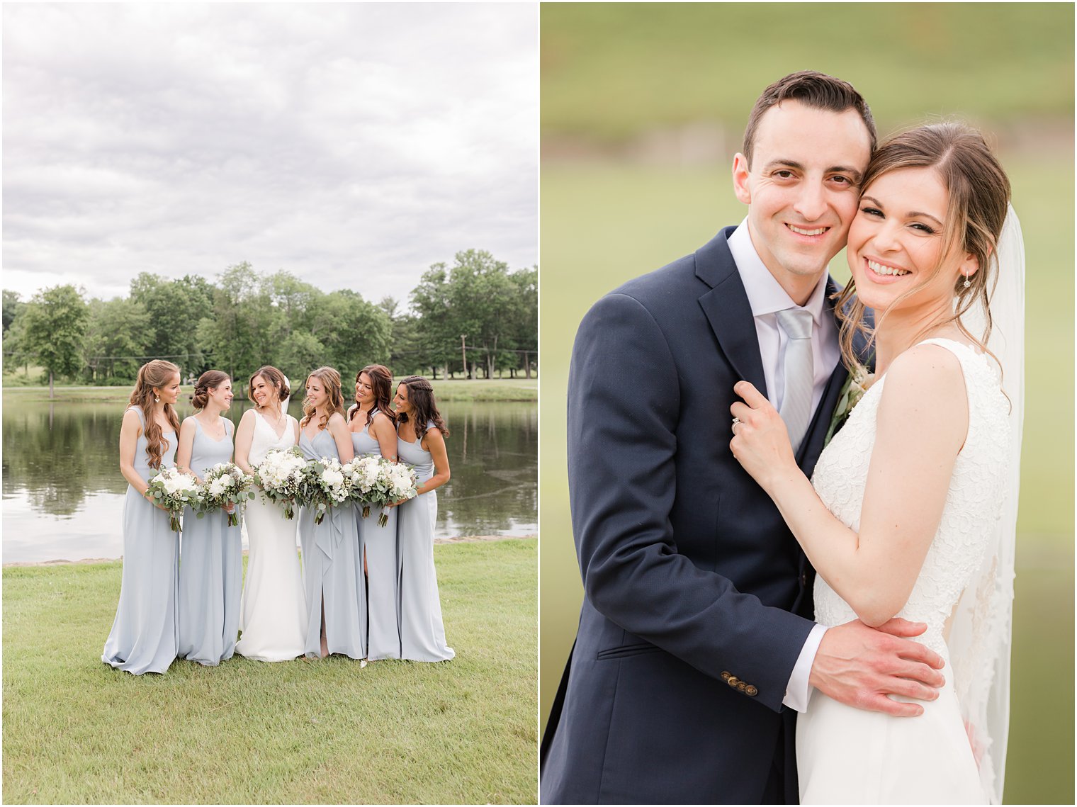 newlyweds hug while bride poses with bridesmaids in light blue gowns