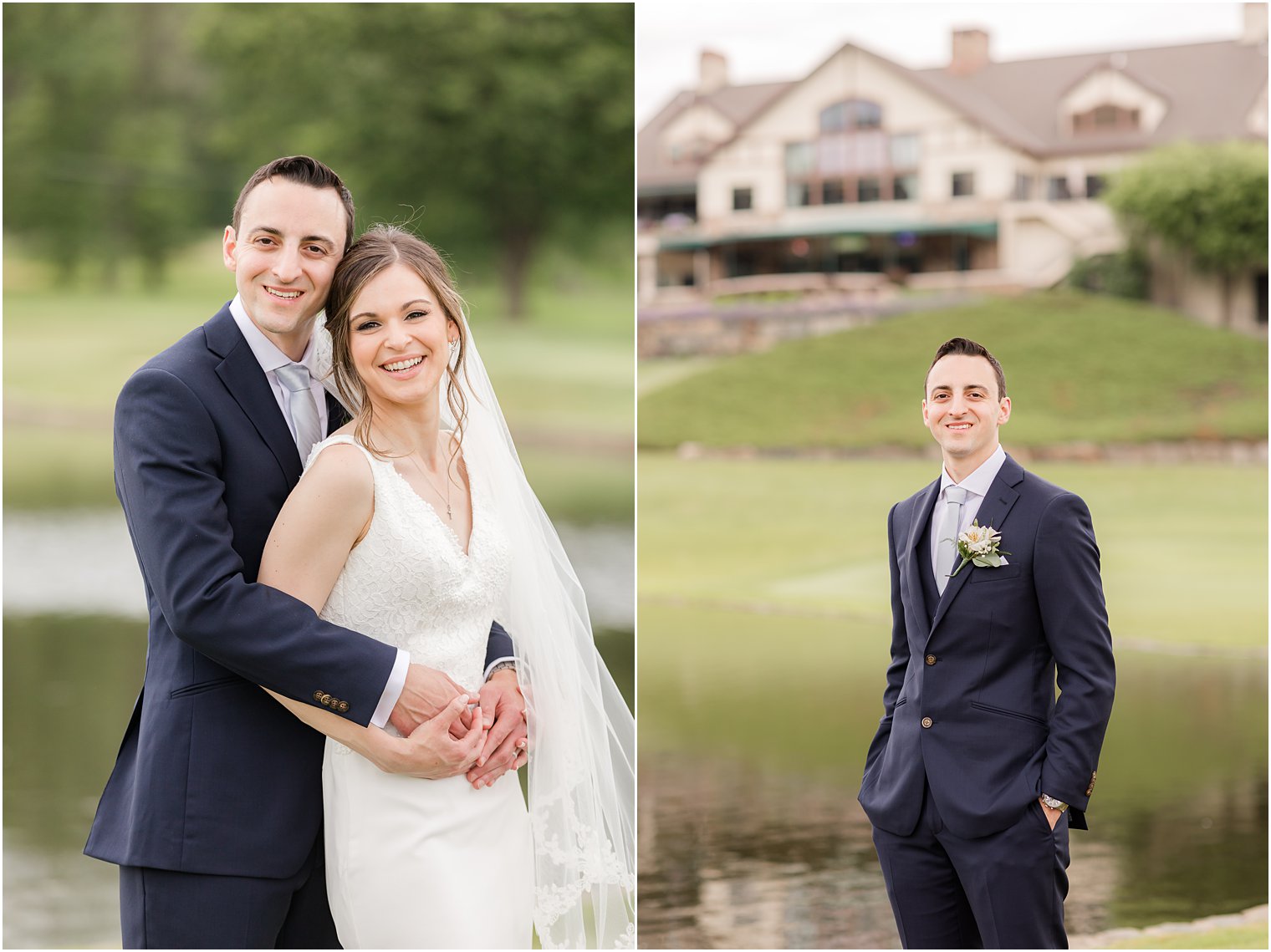 newlyweds hug by lake outside Spring Brook Country Club