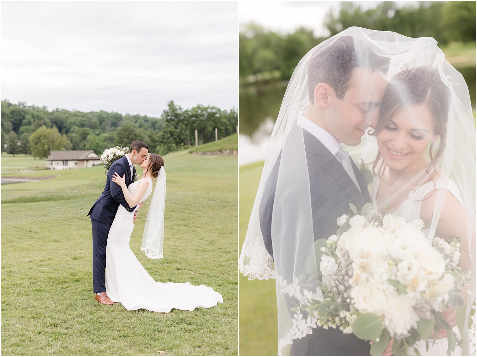 groom kisses bride's cheek under veil