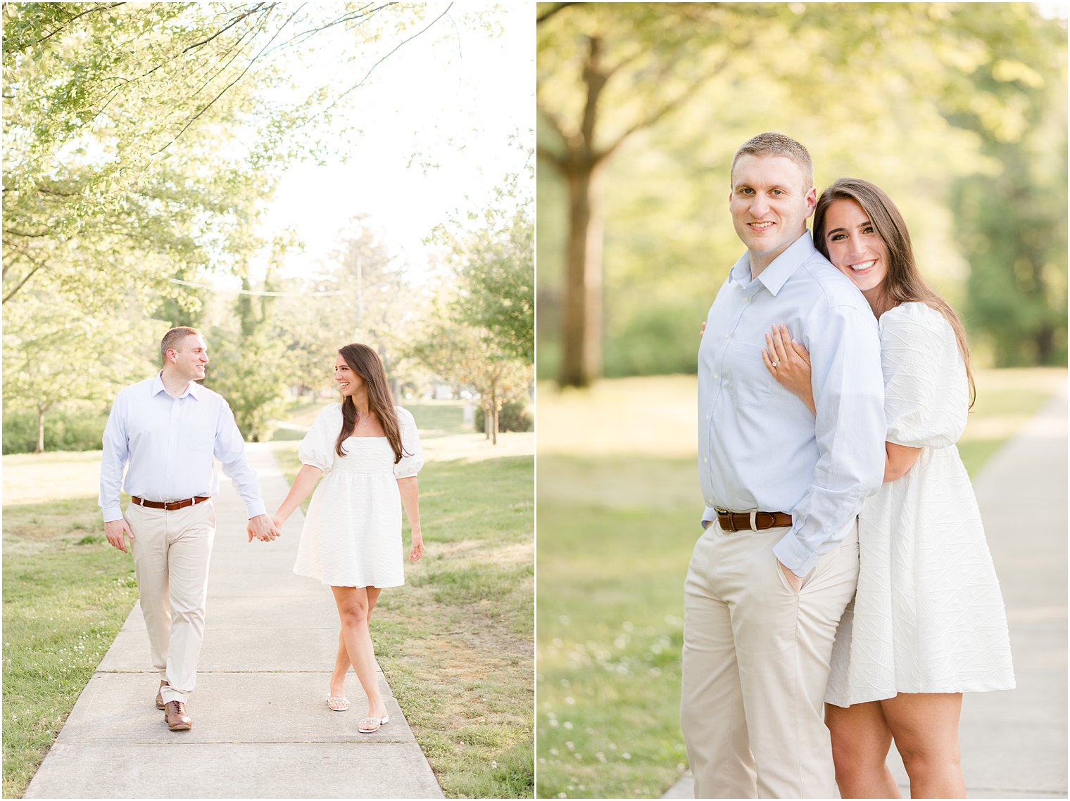 engaged couple walks through Spring Lake Park