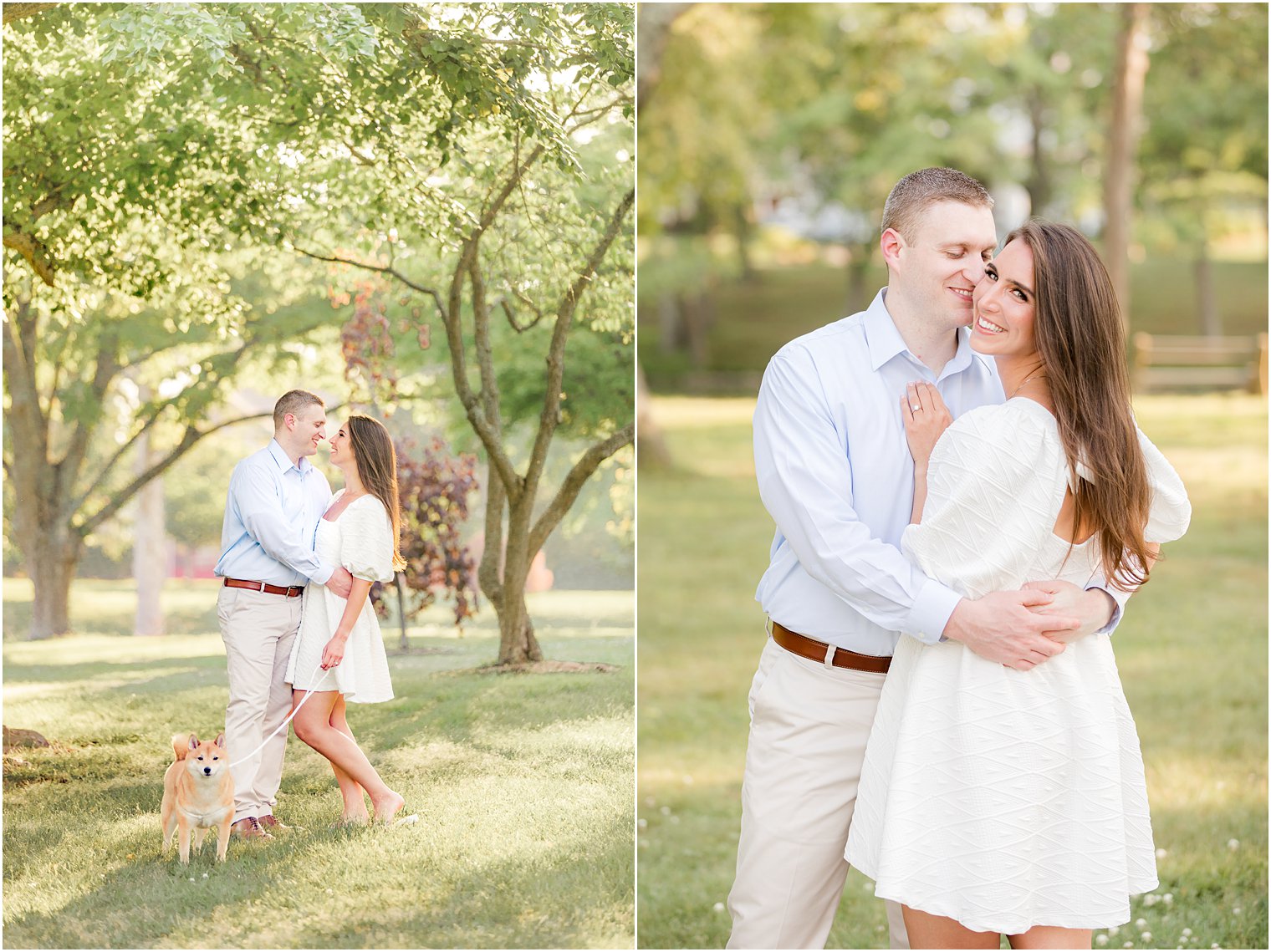 bride and groom hug in Spring Lake Park during engagement photos 