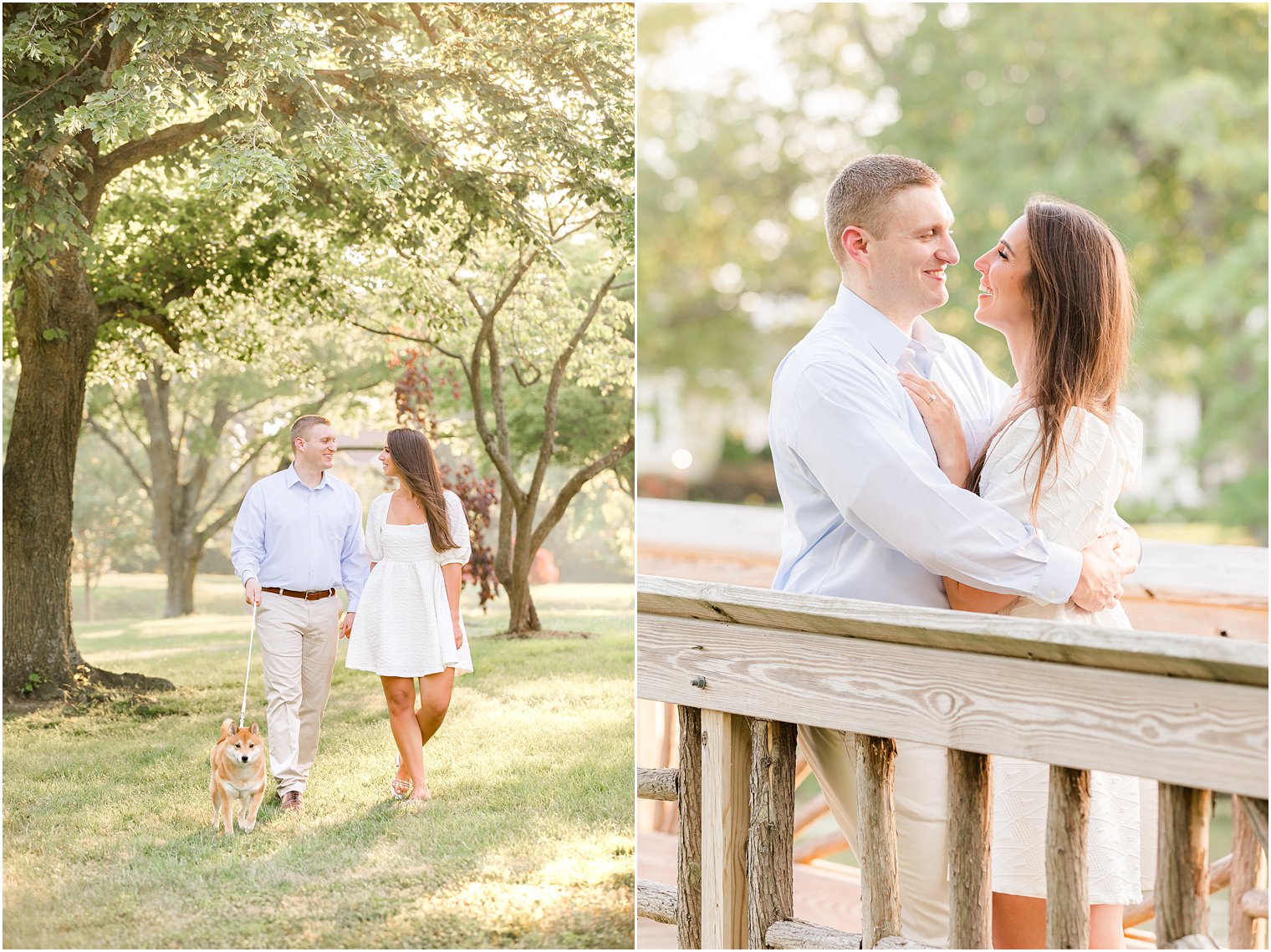 engaged couple leans on wooden railing at Spring Lake Park 