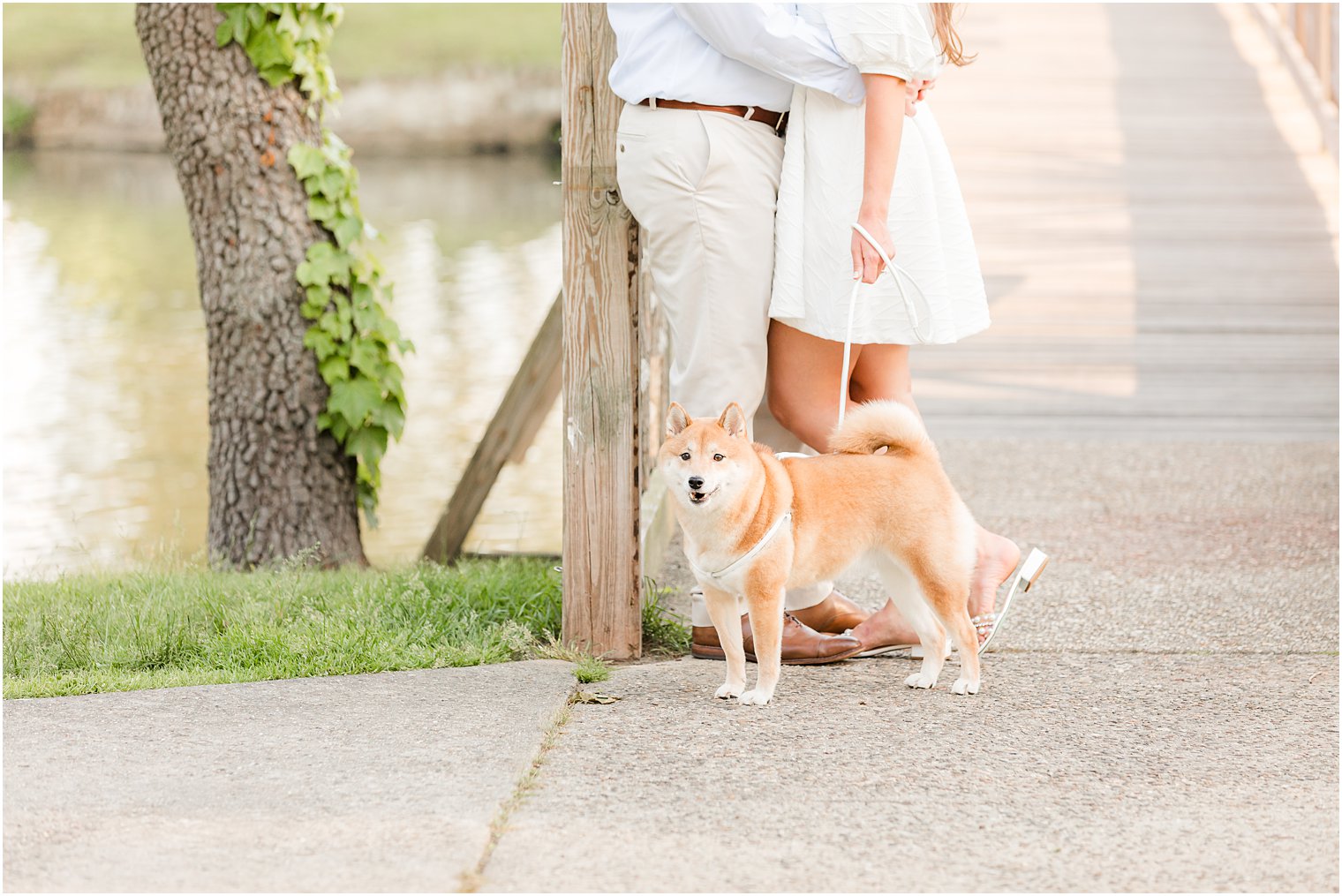 dog stands by owners during Spring Lake engagement session