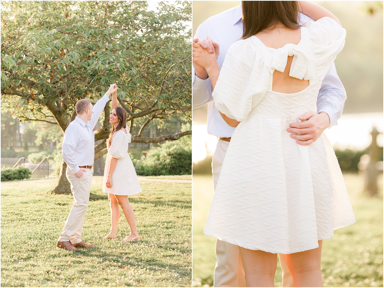 man twirls fiancee during Spring Lake engagement session