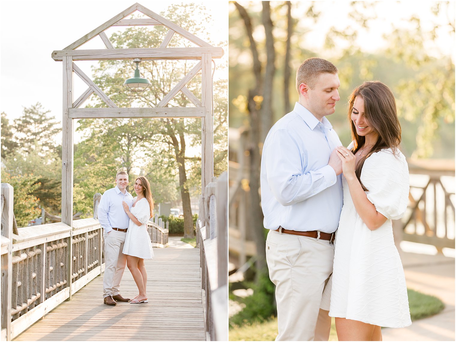 man holds woman's cheek standing on bridge 