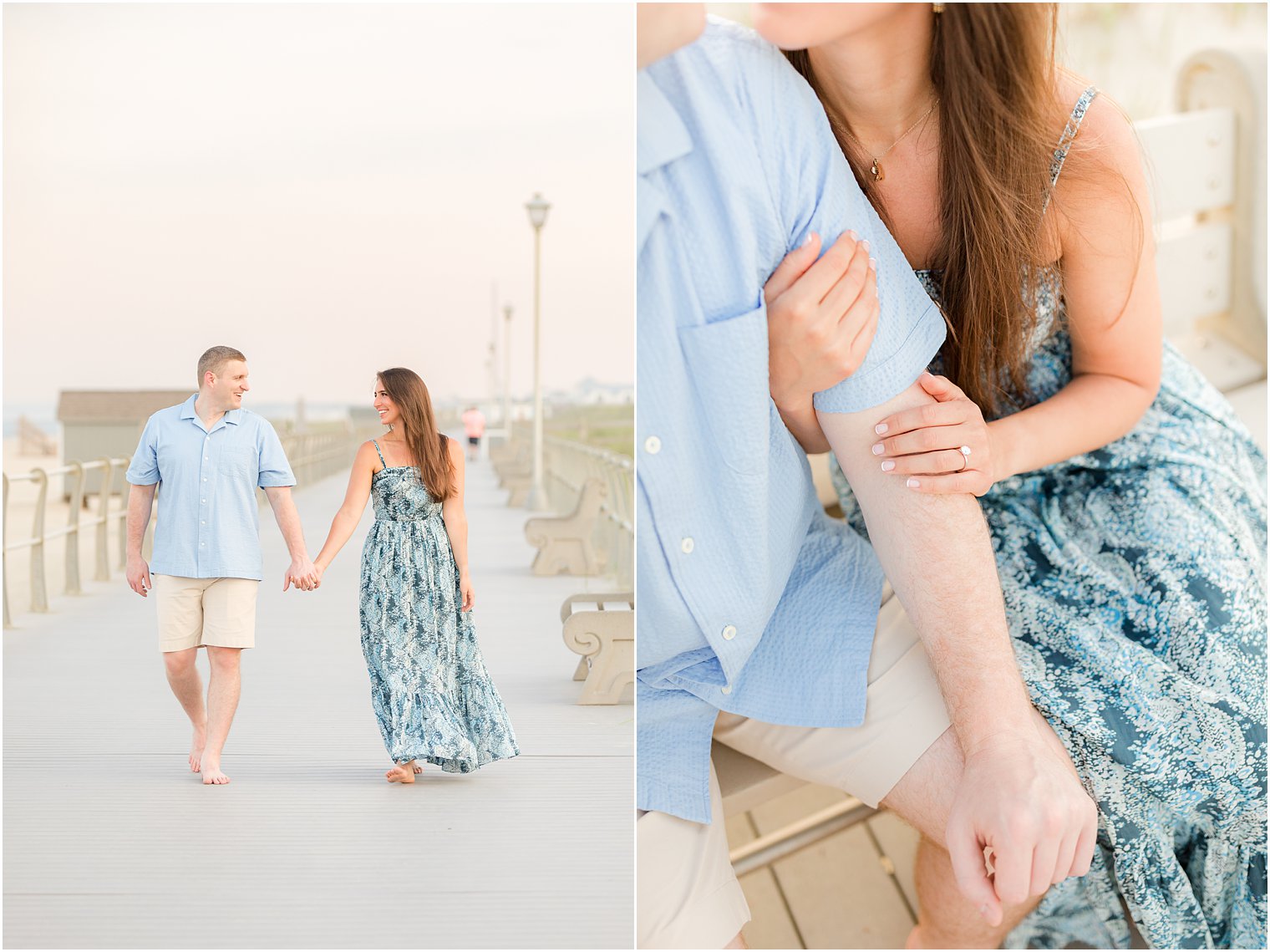 woman holds man's arm during Spring Lake engagement session