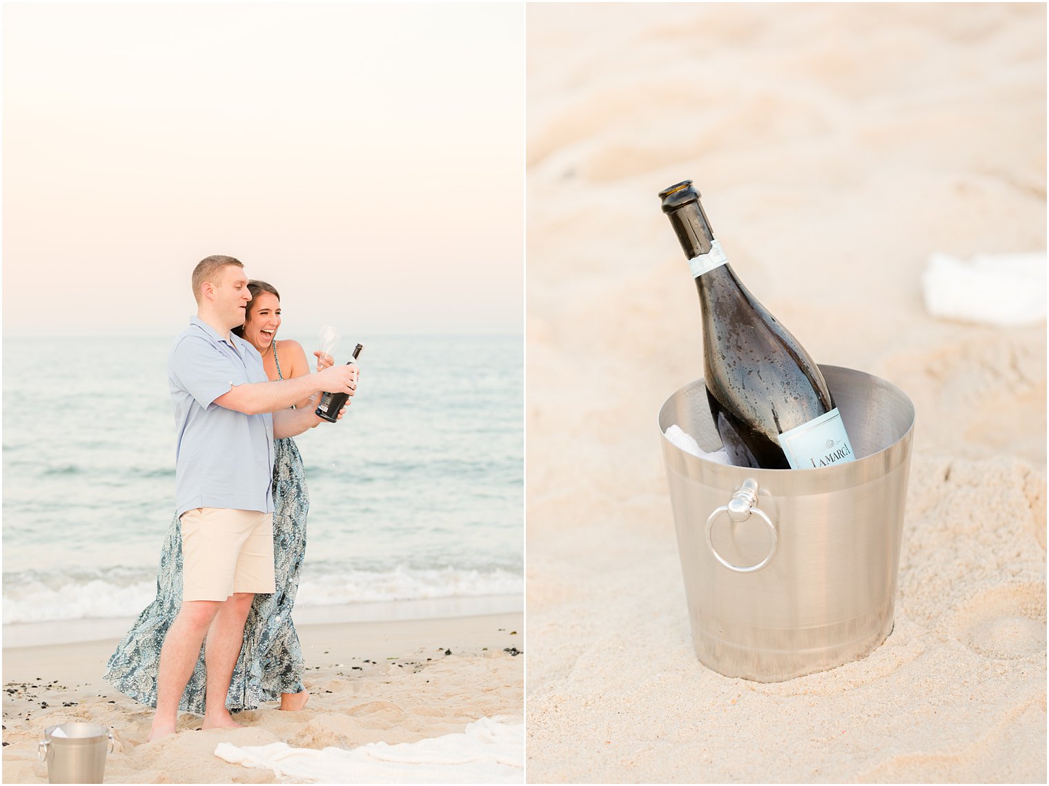 couple pops champagne during Spring Lake engagement session