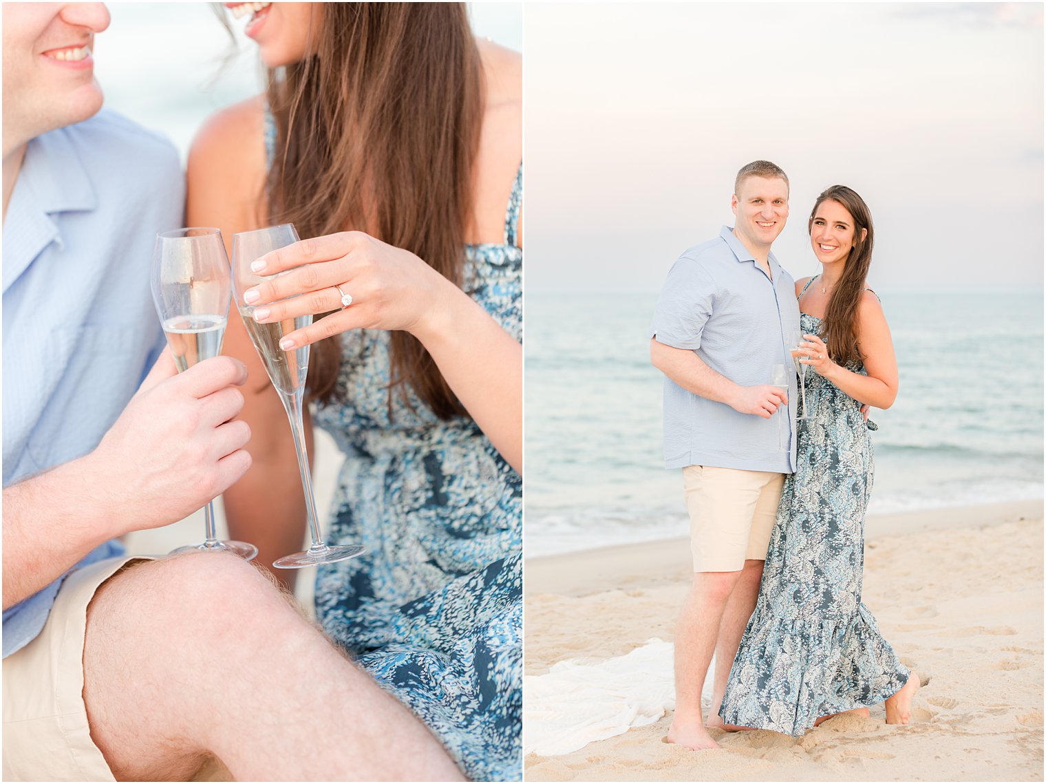 engaged couple toasts with champagne during beach engagemnet photos 