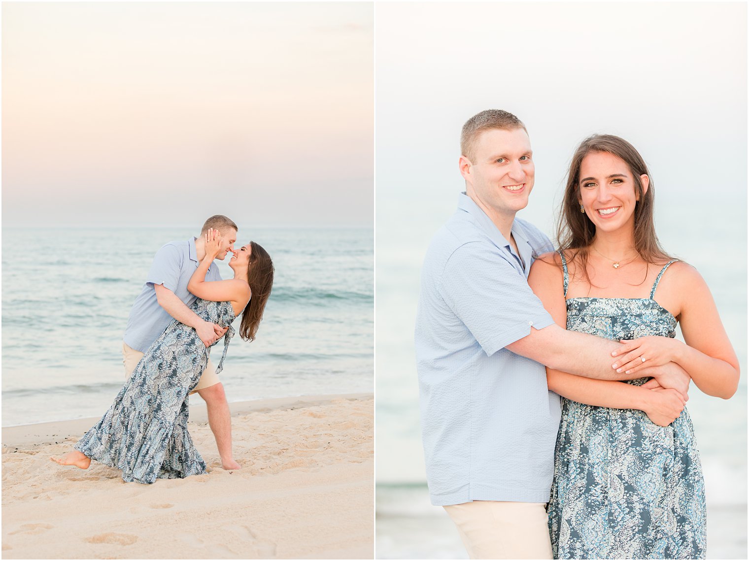 couple hugs on beach during Spring Lake engagement session