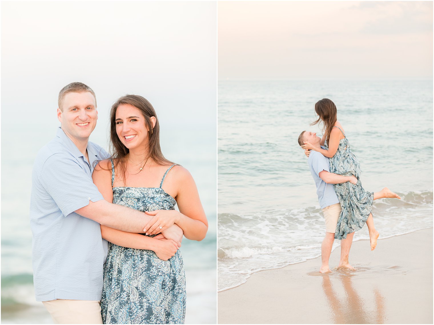 groom lifts bride in water during Spring Lake engagement session