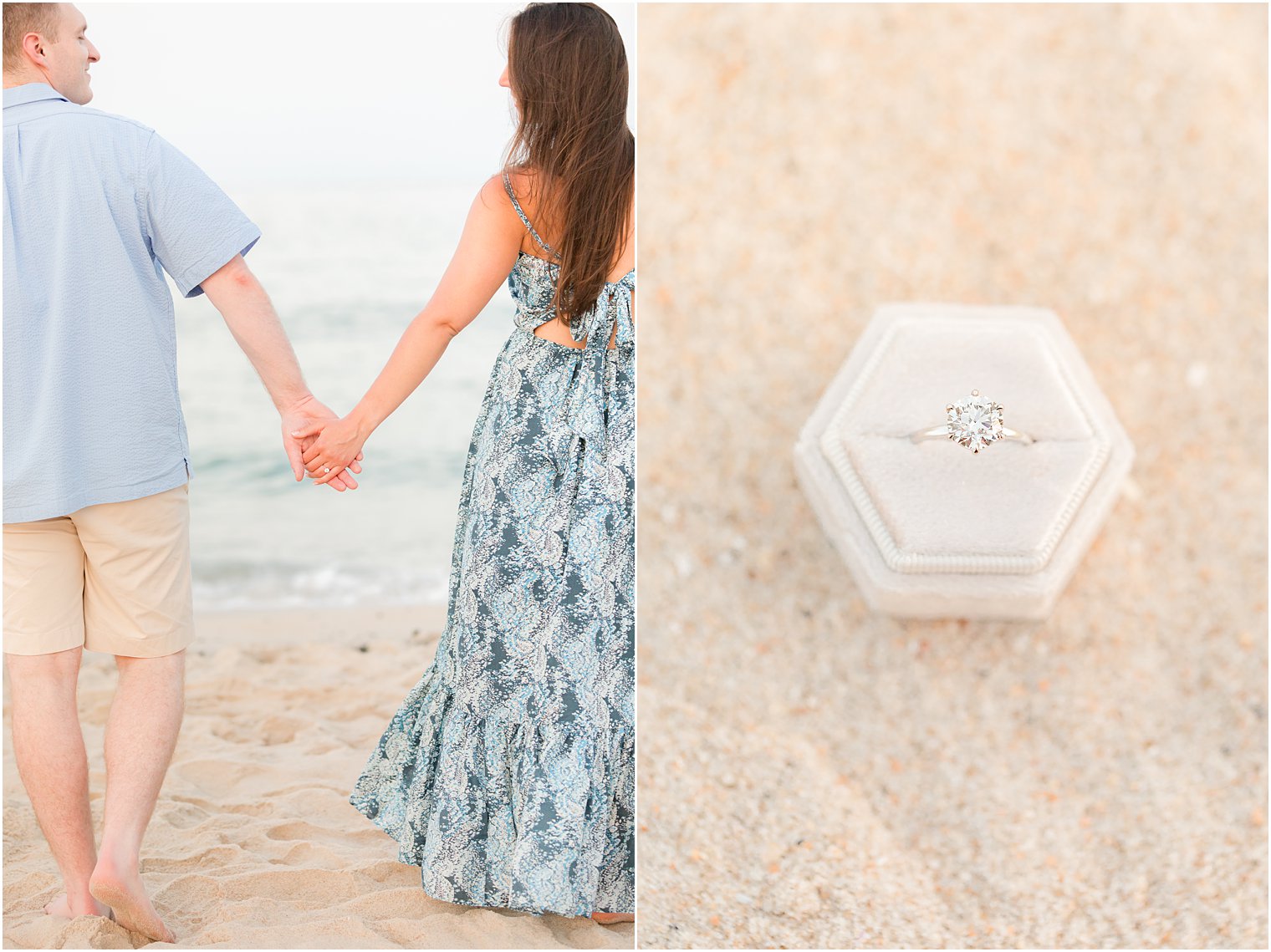 bride and groom hold hands on the beach