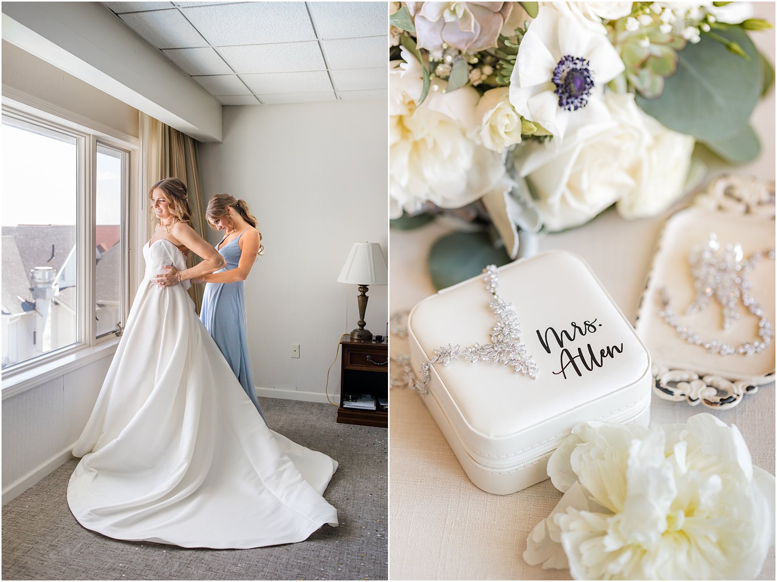 bridesmaid in blue gown helps bride into wedding dress