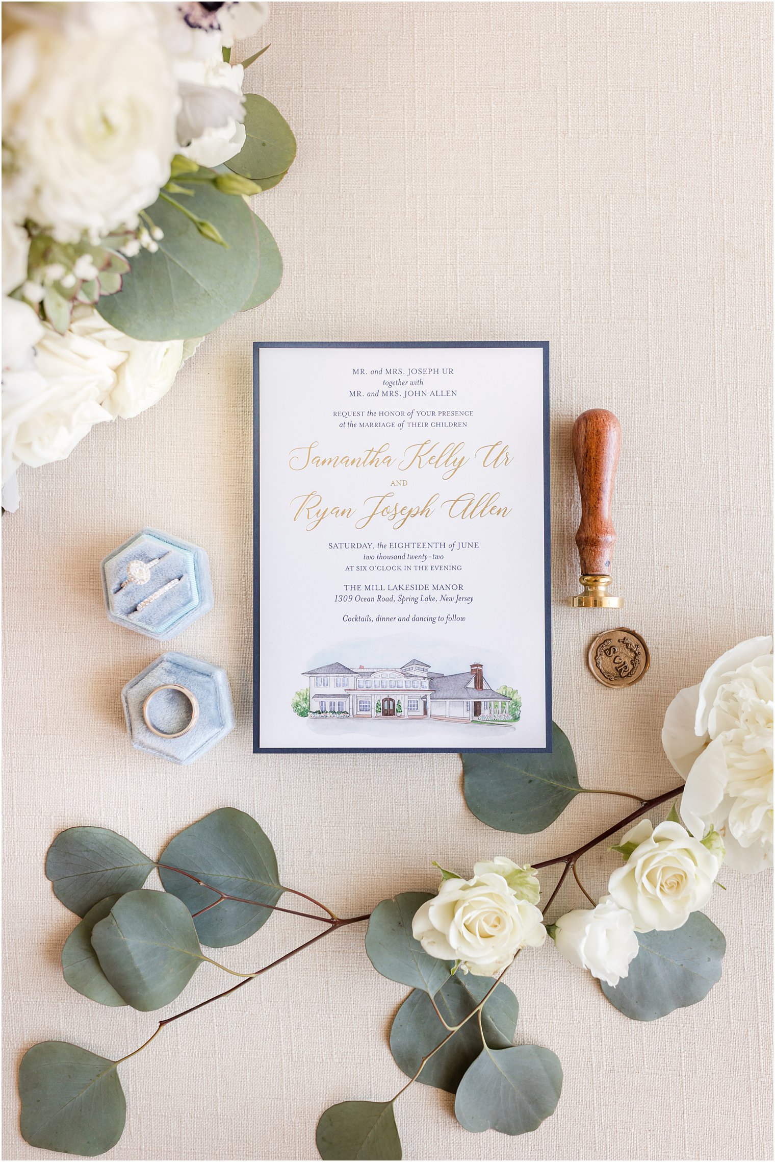 stationery set for The Mill Lakeside Manor wedding day with navy details 