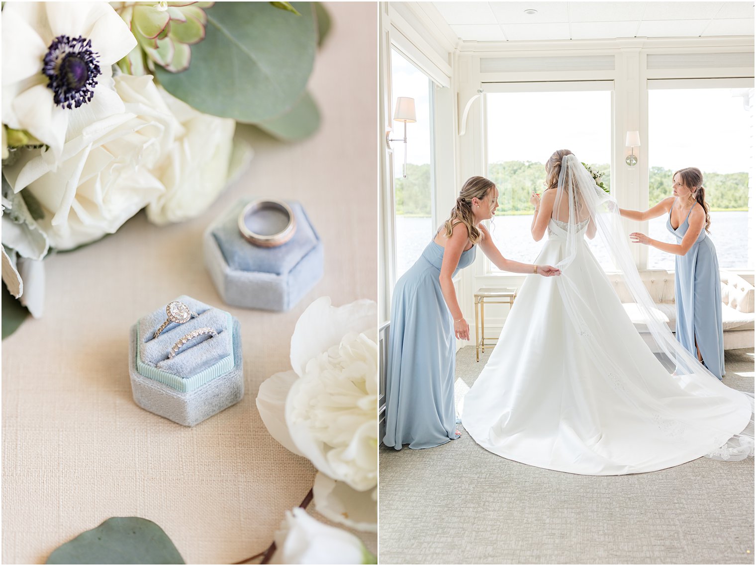 bridesmaids help bride with dress and veil at The Mill Lakeside Manor