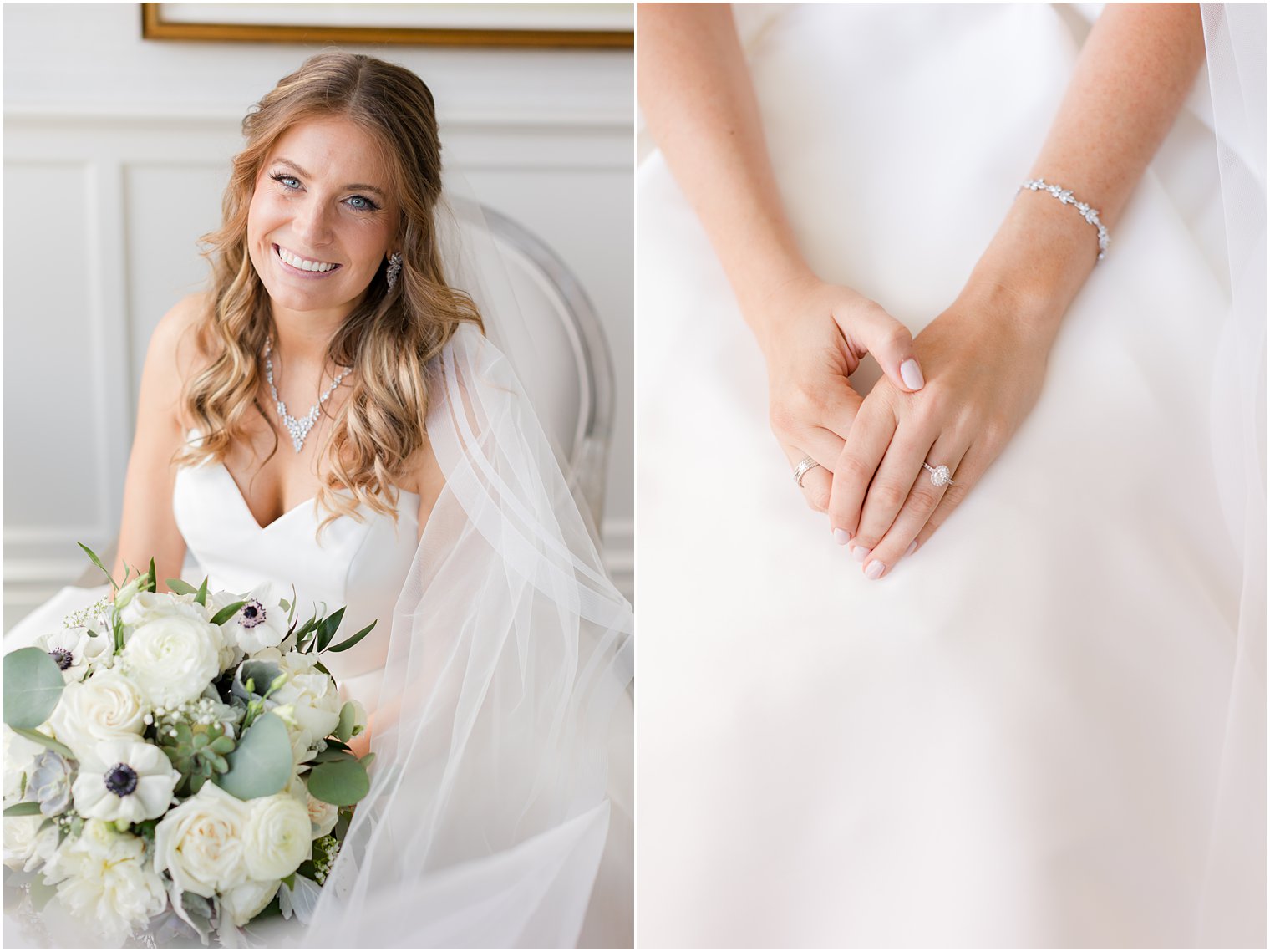 bride sits holding bouquet of white flowers for summer wedding at The Mill Lakeside Manor