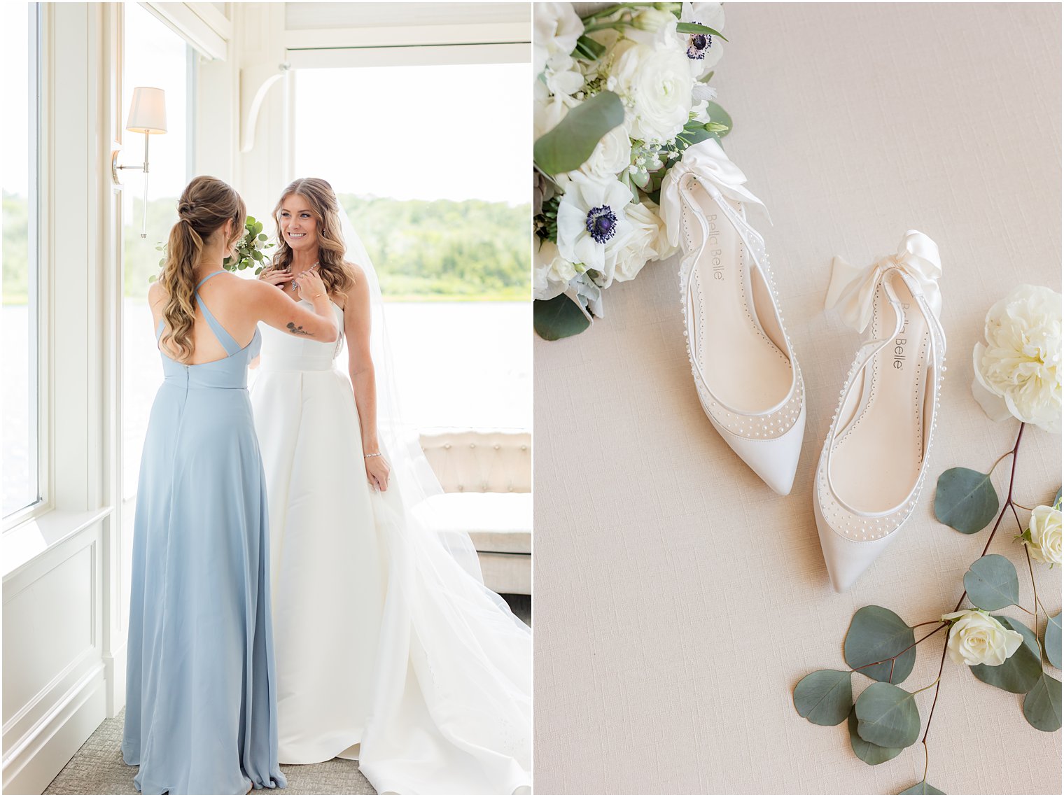 bridesmaid in blue dress adjusts necklace for bride