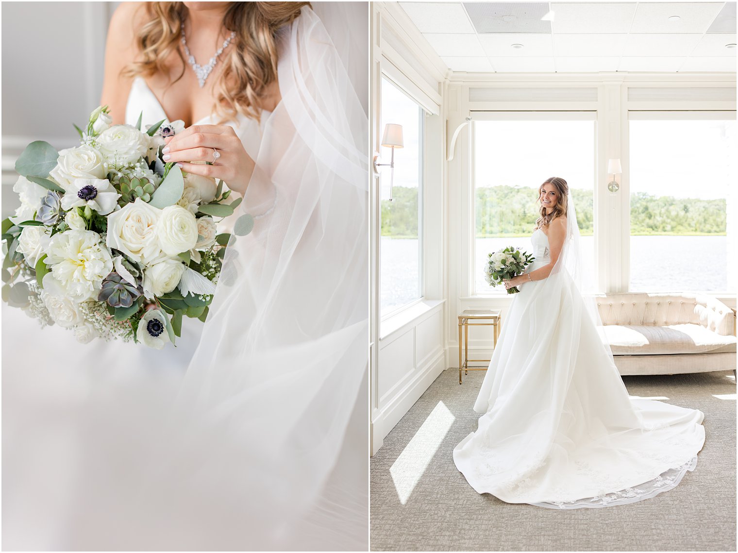 bride poses in corner of bridal suite at The Mill Lakeside Manor