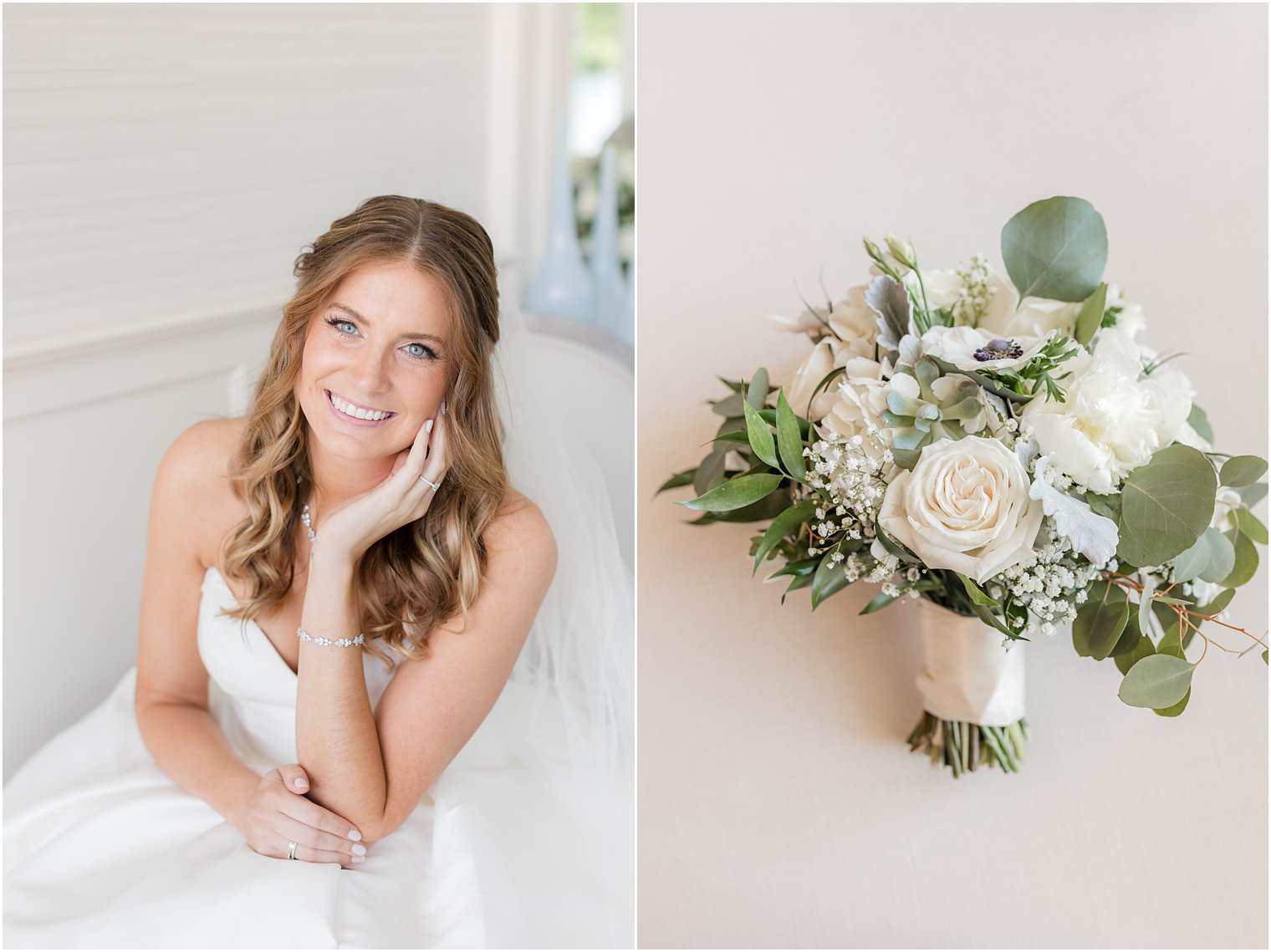 bride leans forward on lap holding chin