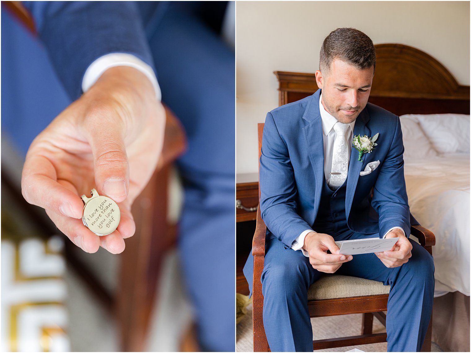 groom reads letter and shows off custom cufflinks for Spring Lake NJ wedding 