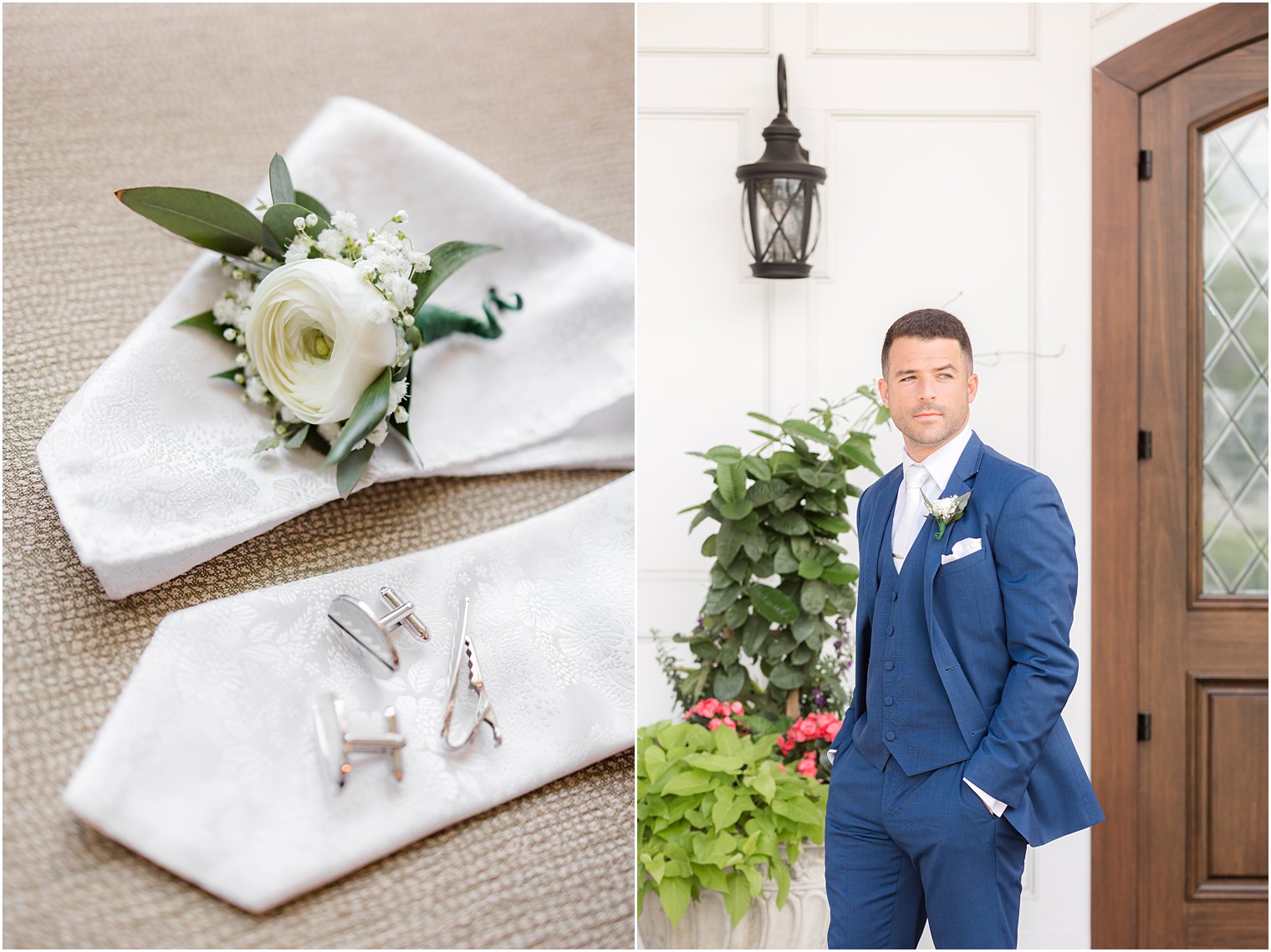 groom poses outside The Mill Lakeside Manor in navy suit with ivory tie