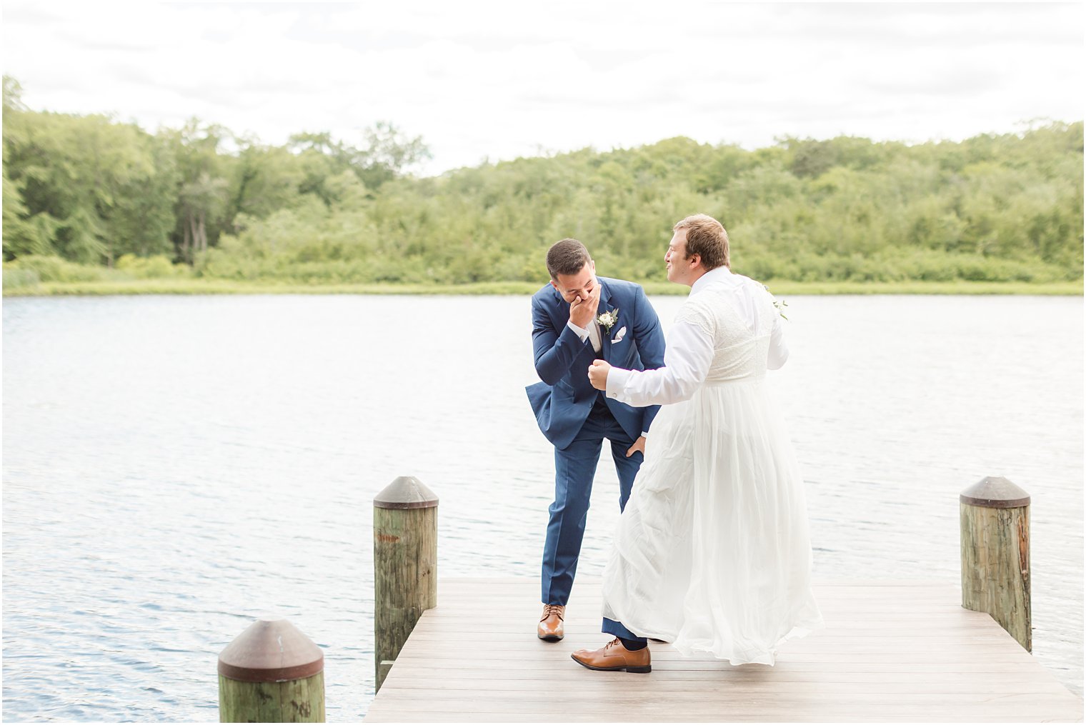 groomsman surprises groom on dock for first look