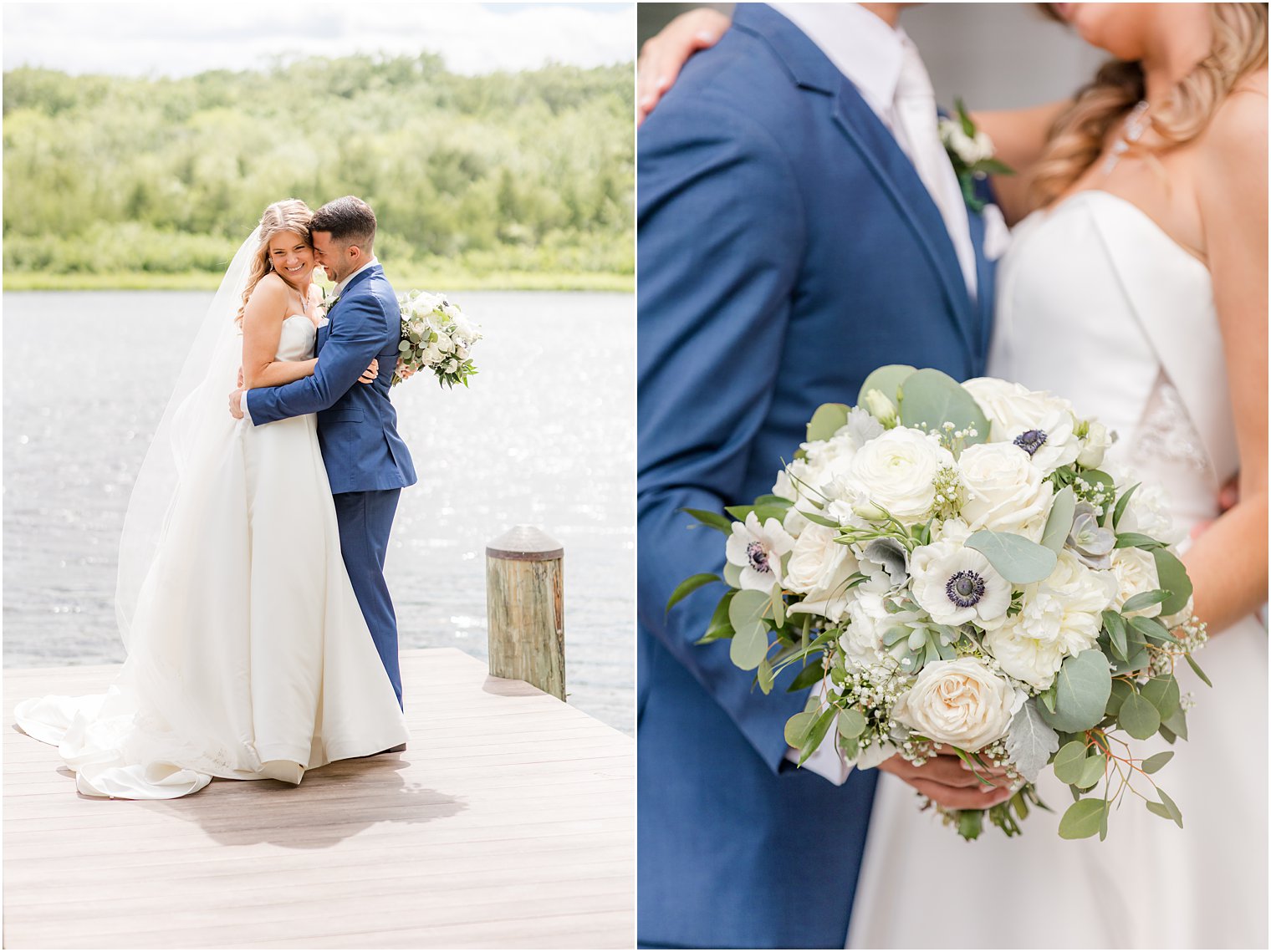 couple hugs on dock while bride holds bouquet of white and green against groom's arm