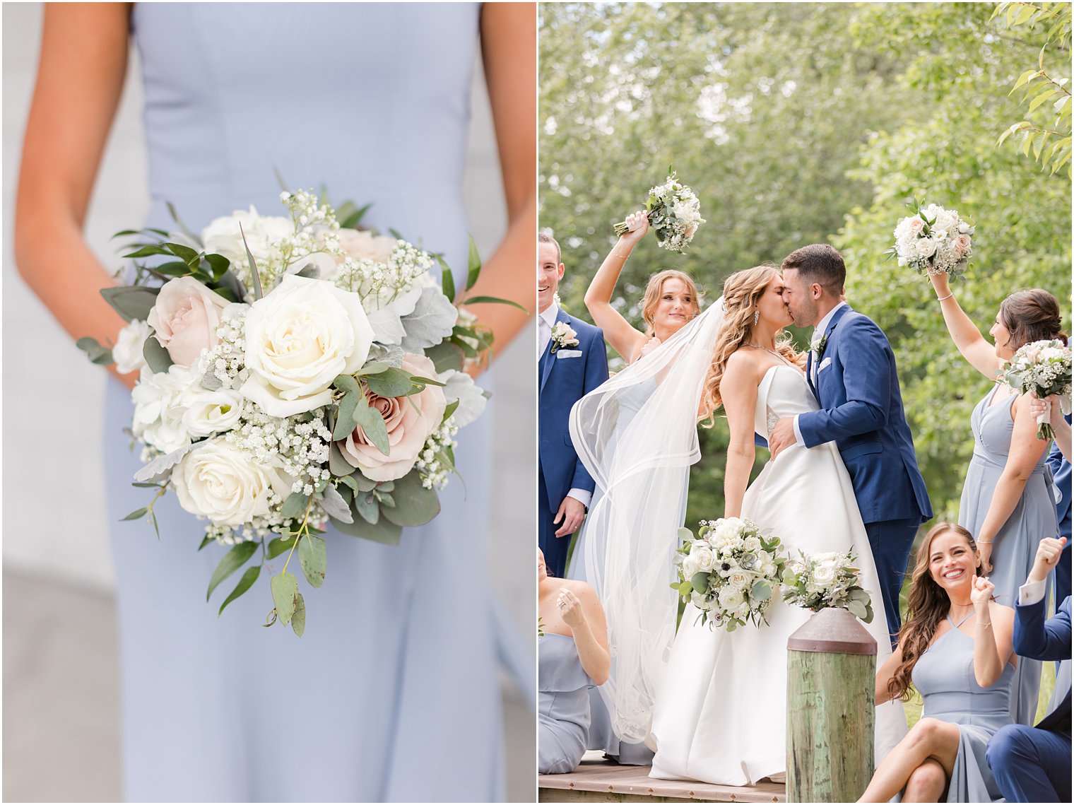 wedding party cheers while bride and groom kiss on dock at The Mill Lakeside Manor wedding