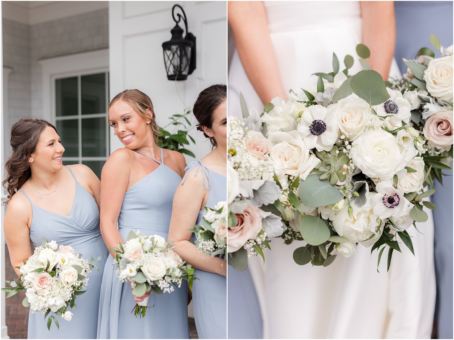 bridesmaids smile together holding bouquets of white and pink flowers 