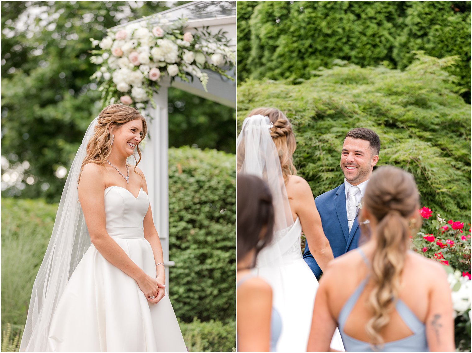 bride and groom smile at each other during Spring Lake NJ wedding ceremony