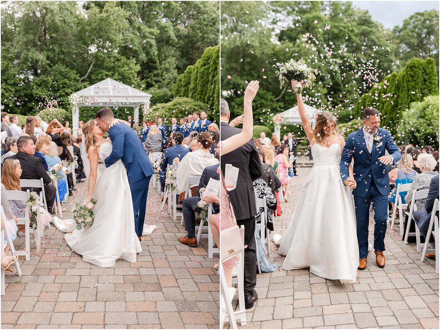 couple laughs during confetti exit from Spring Lake NJ wedding ceremony