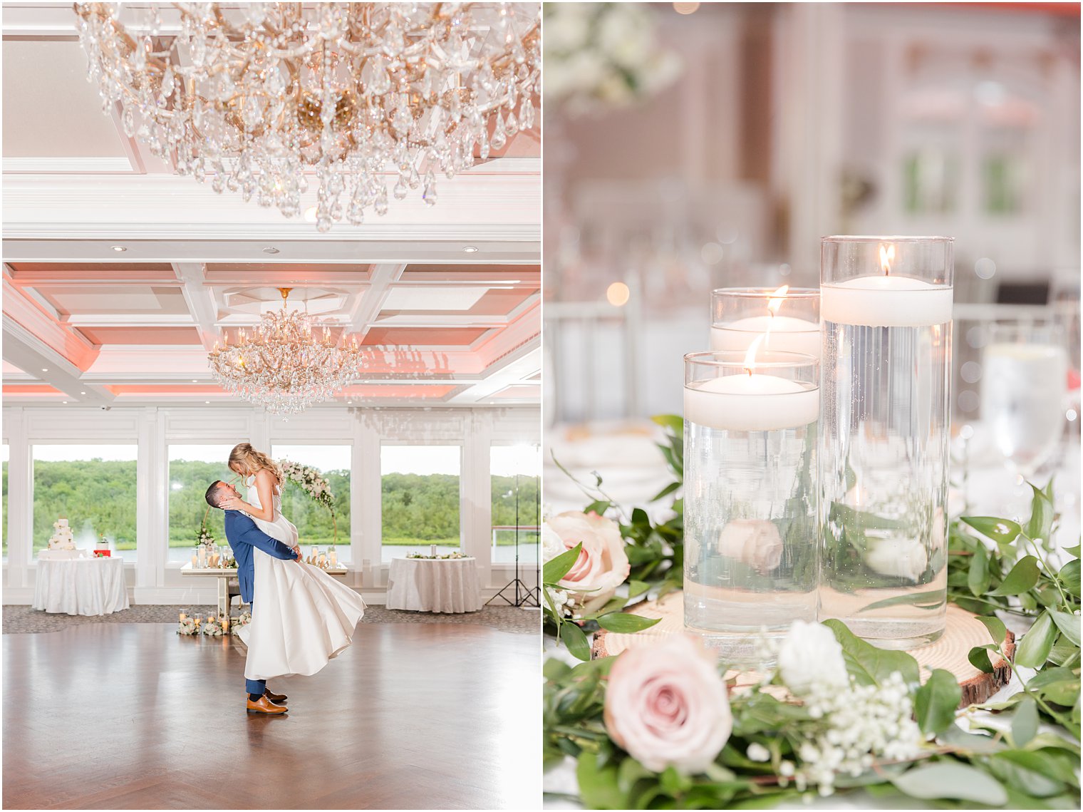 groom lifts bride in ballroom at The Mill Lakeside Manor with floating candles on tables