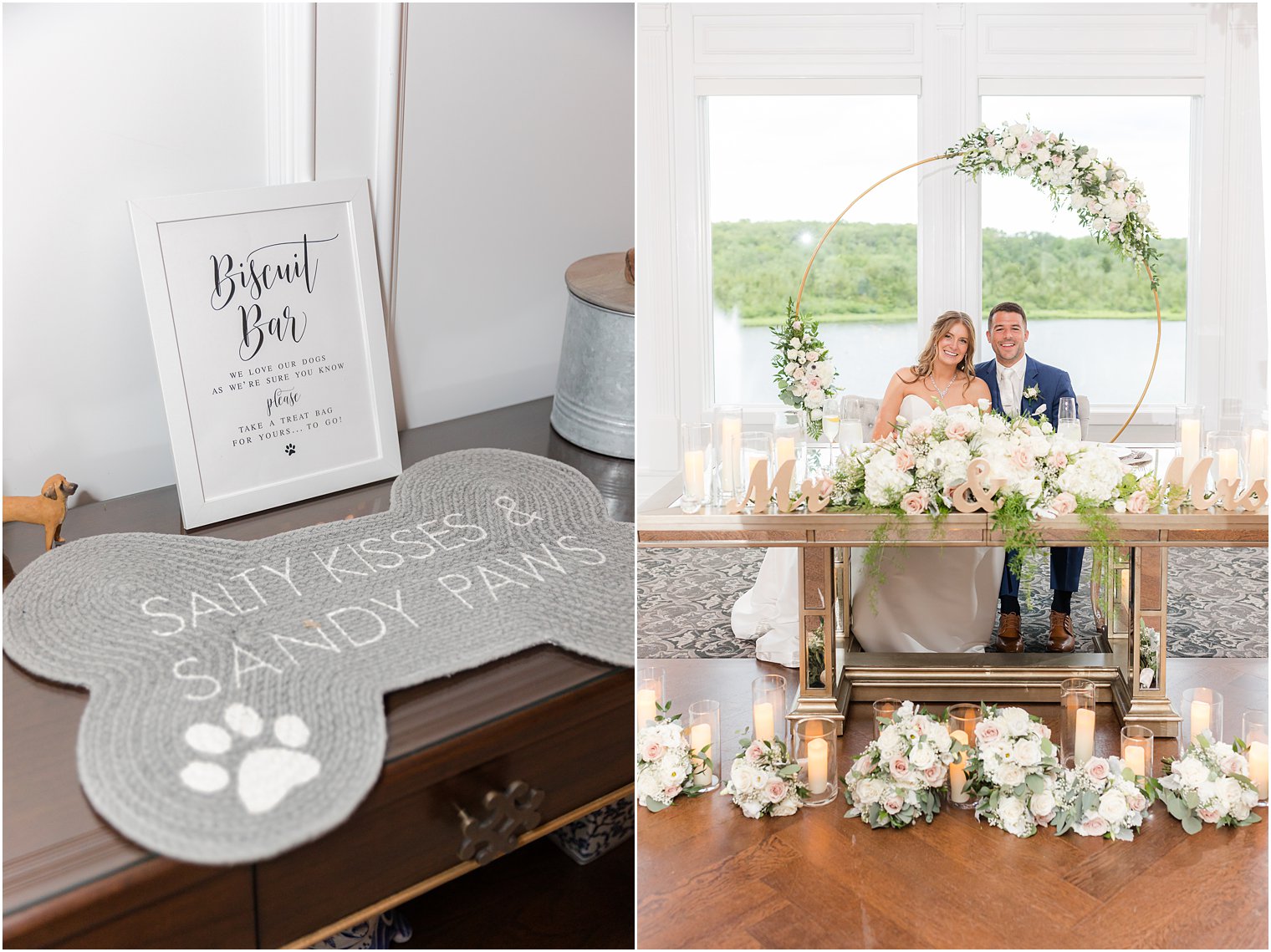 newlyweds sit at sweetheart table during The Mill Lakeside Manor wedding reception 