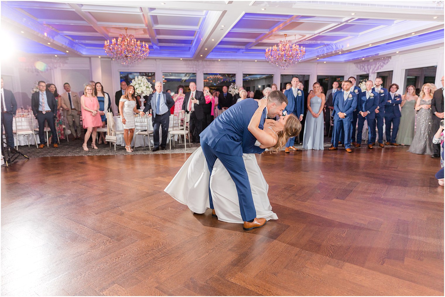 groom dips bride during Spring Lake NJ wedding reception